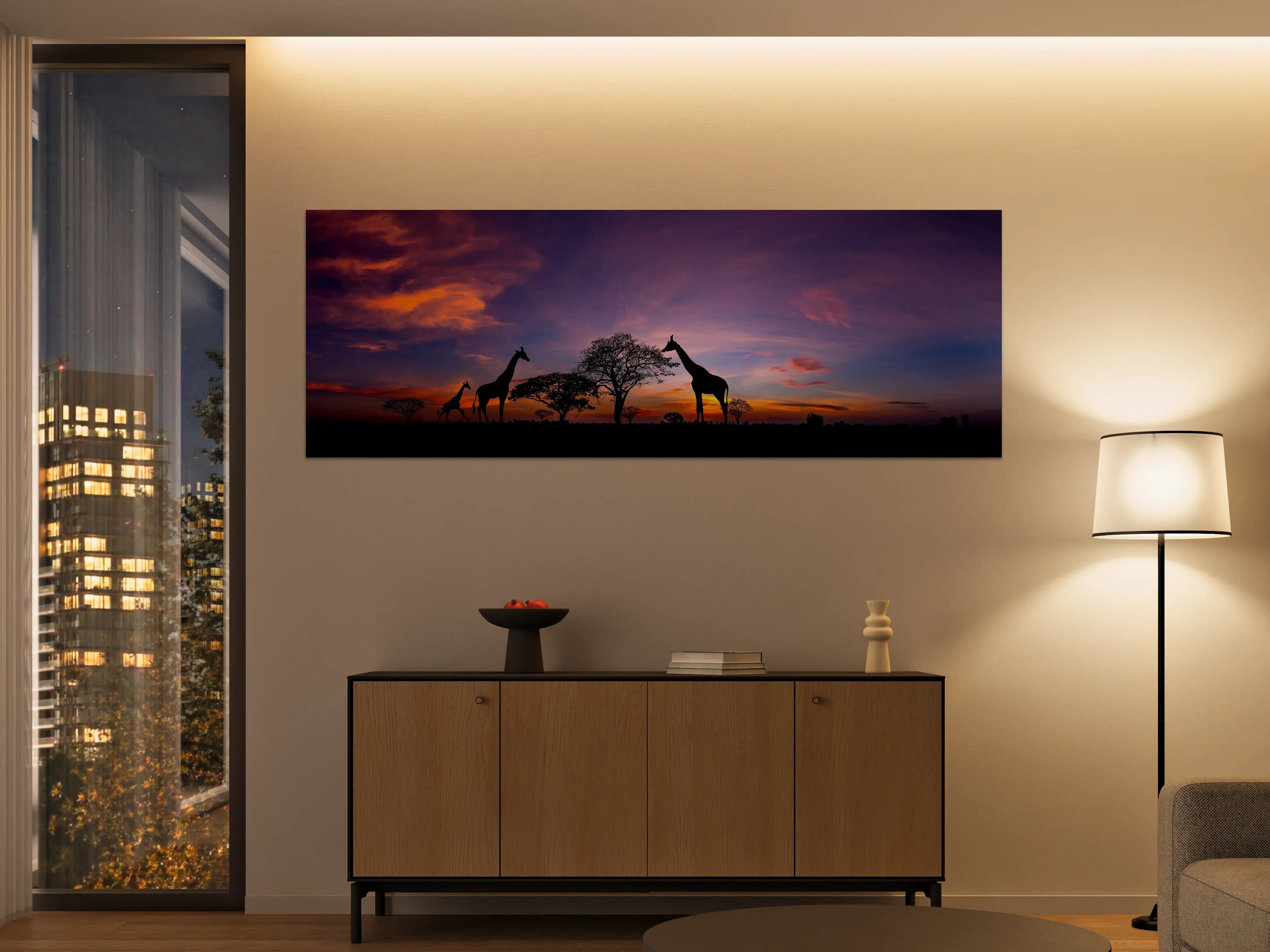 Große Wandbilder - Silhouette - Giraffenfamilie bei Sonnenuntergang