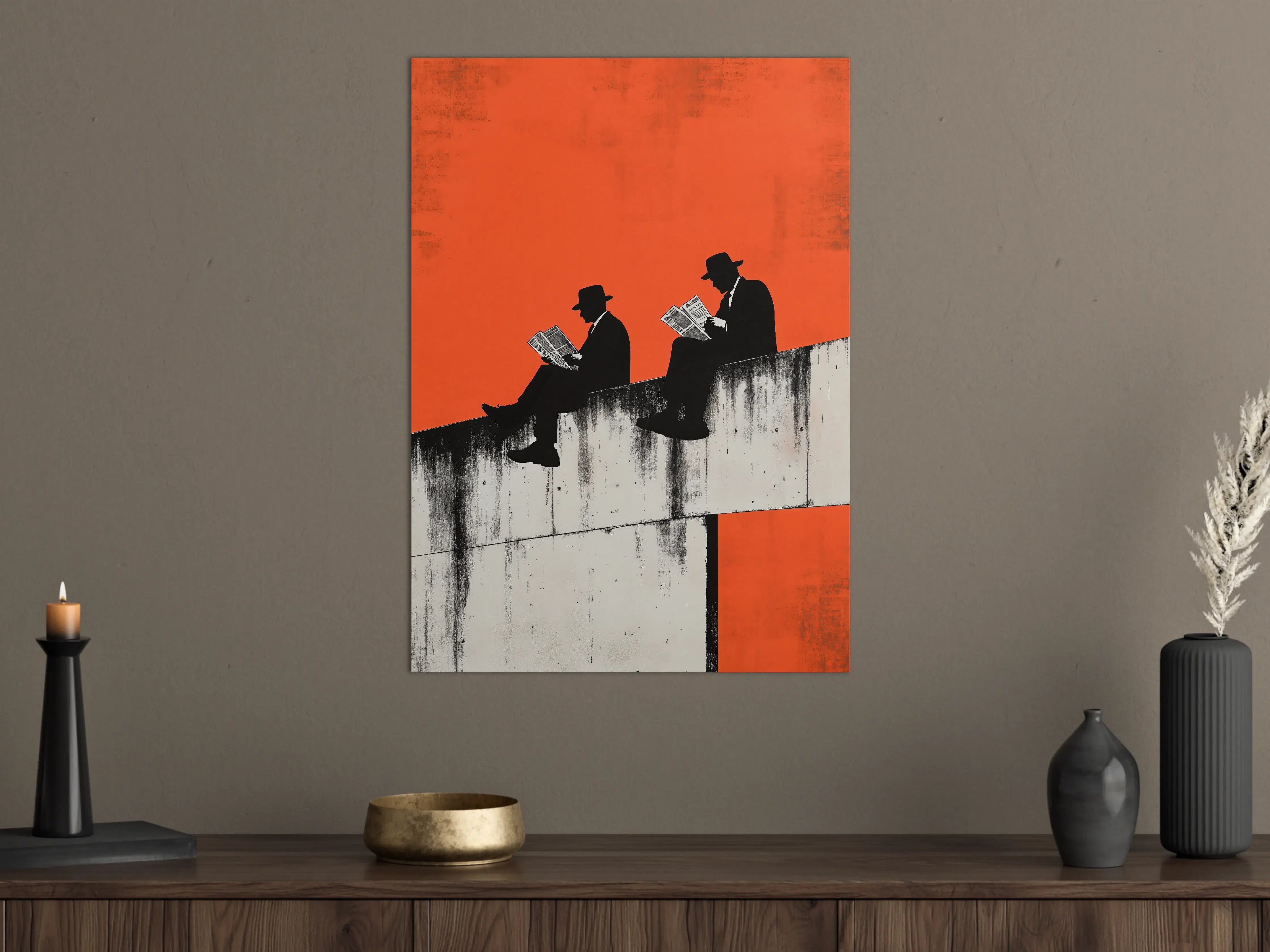 Große Wandbilder - Silhouetten von Lesenden auf Brücke vor orangeem Himmel