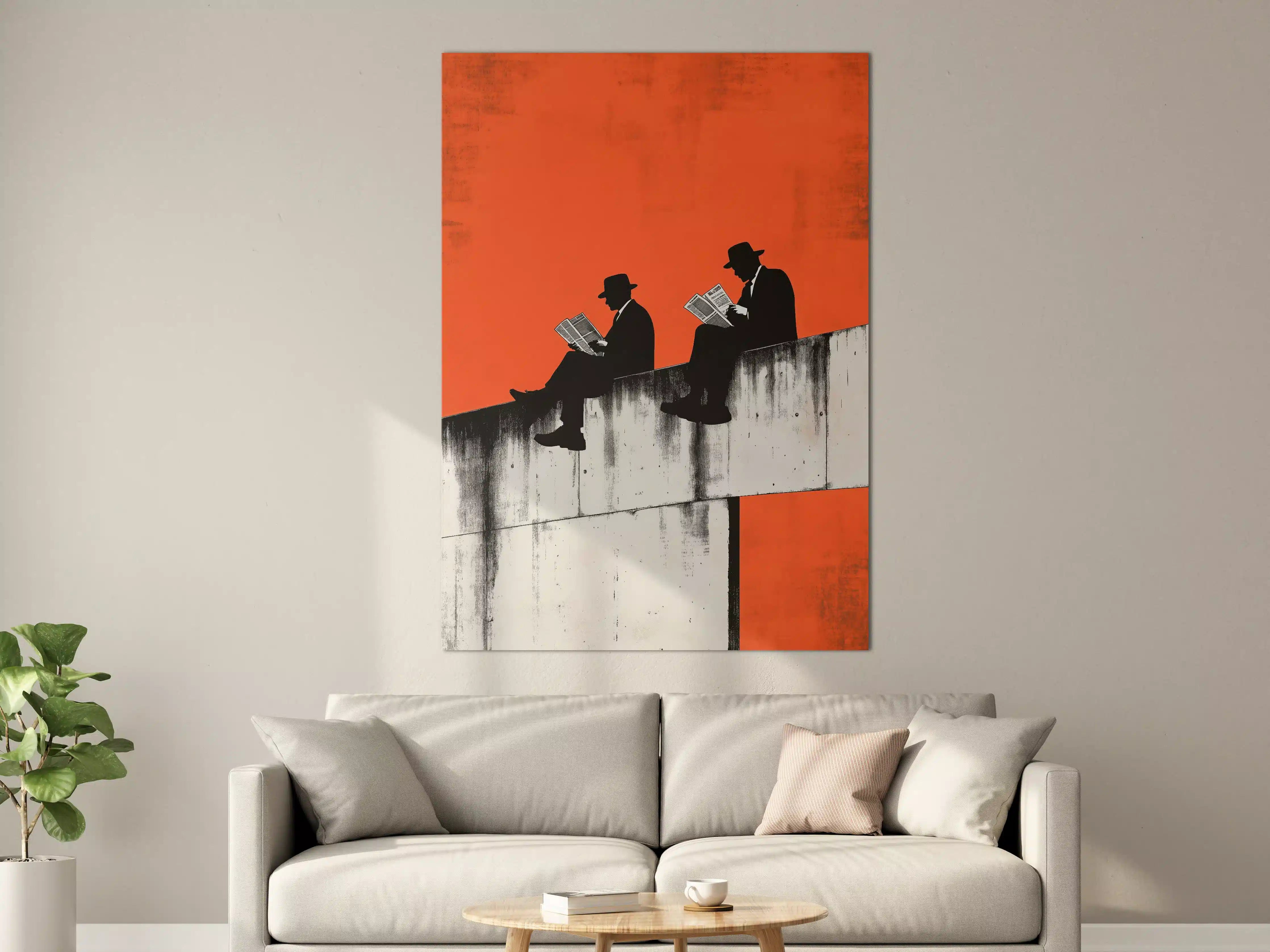 Große Wandbilder - Silhouetten von Lesenden auf Brücke vor orangeem Himmel