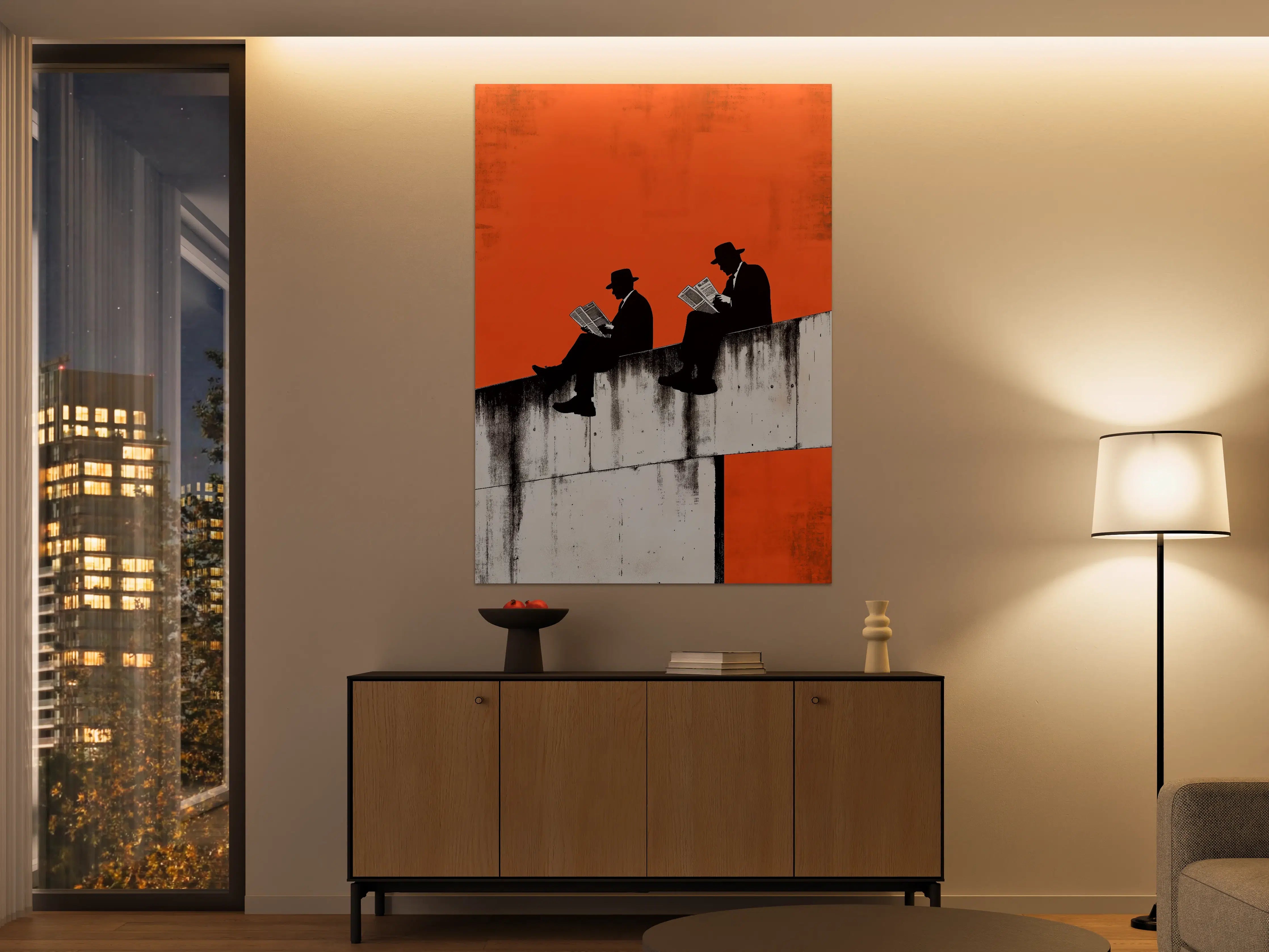 Große Wandbilder - Silhouetten von Lesenden auf Brücke vor orangeem Himmel