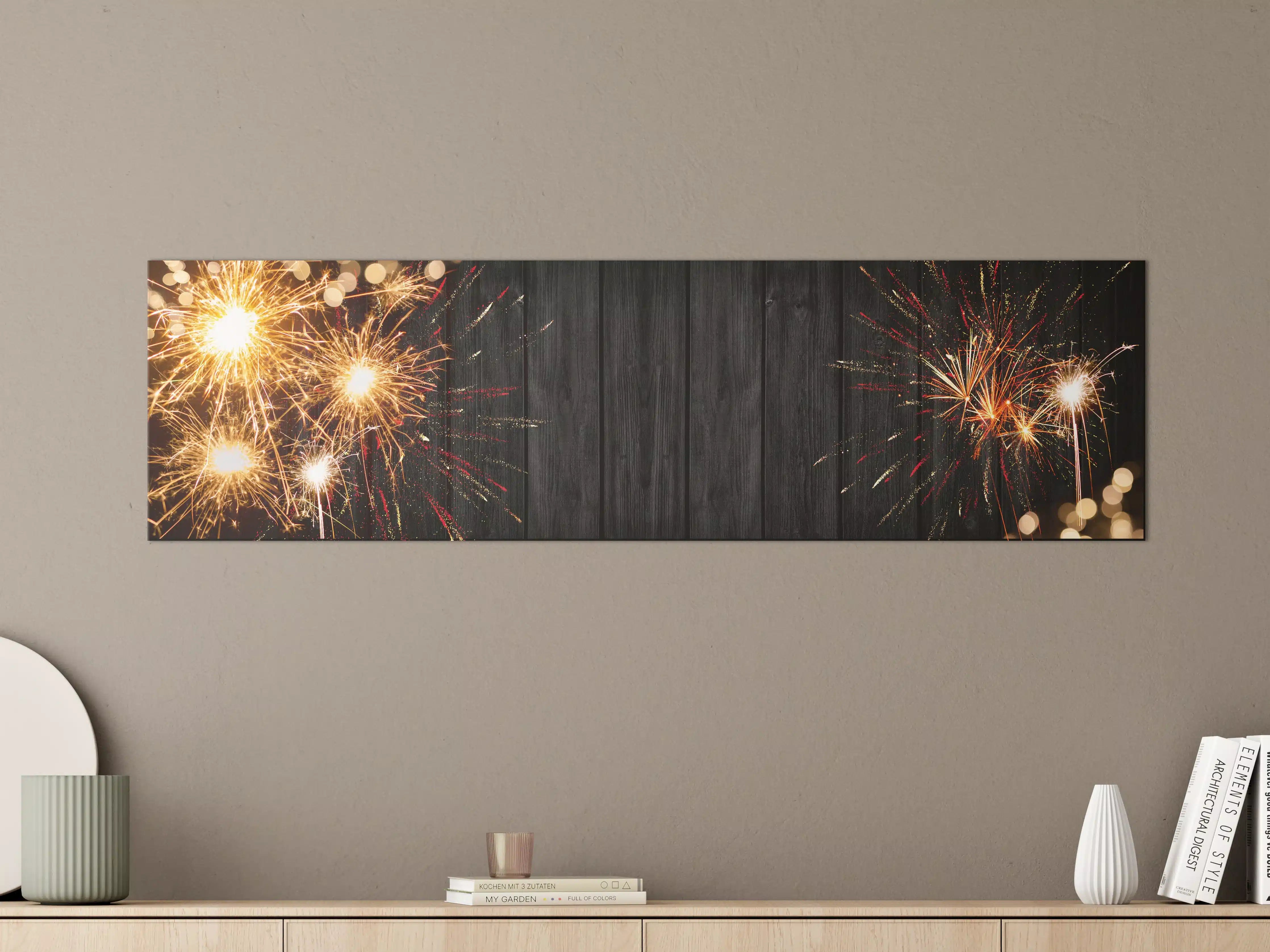 Große Wandbilder - Silvester-Feuerwerk Rustikal-Holz