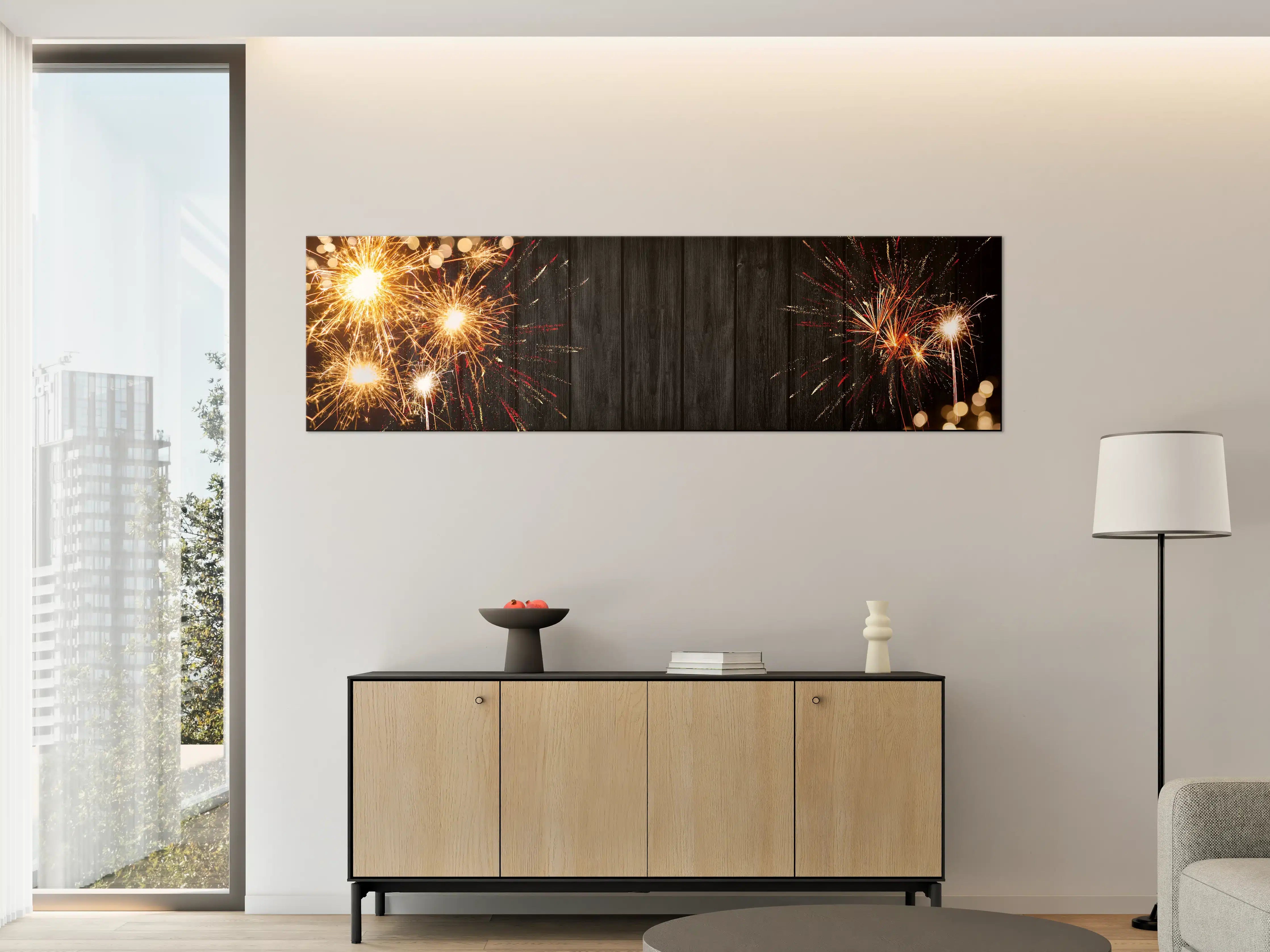 Große Wandbilder - Silvester-Feuerwerk Rustikal-Holz