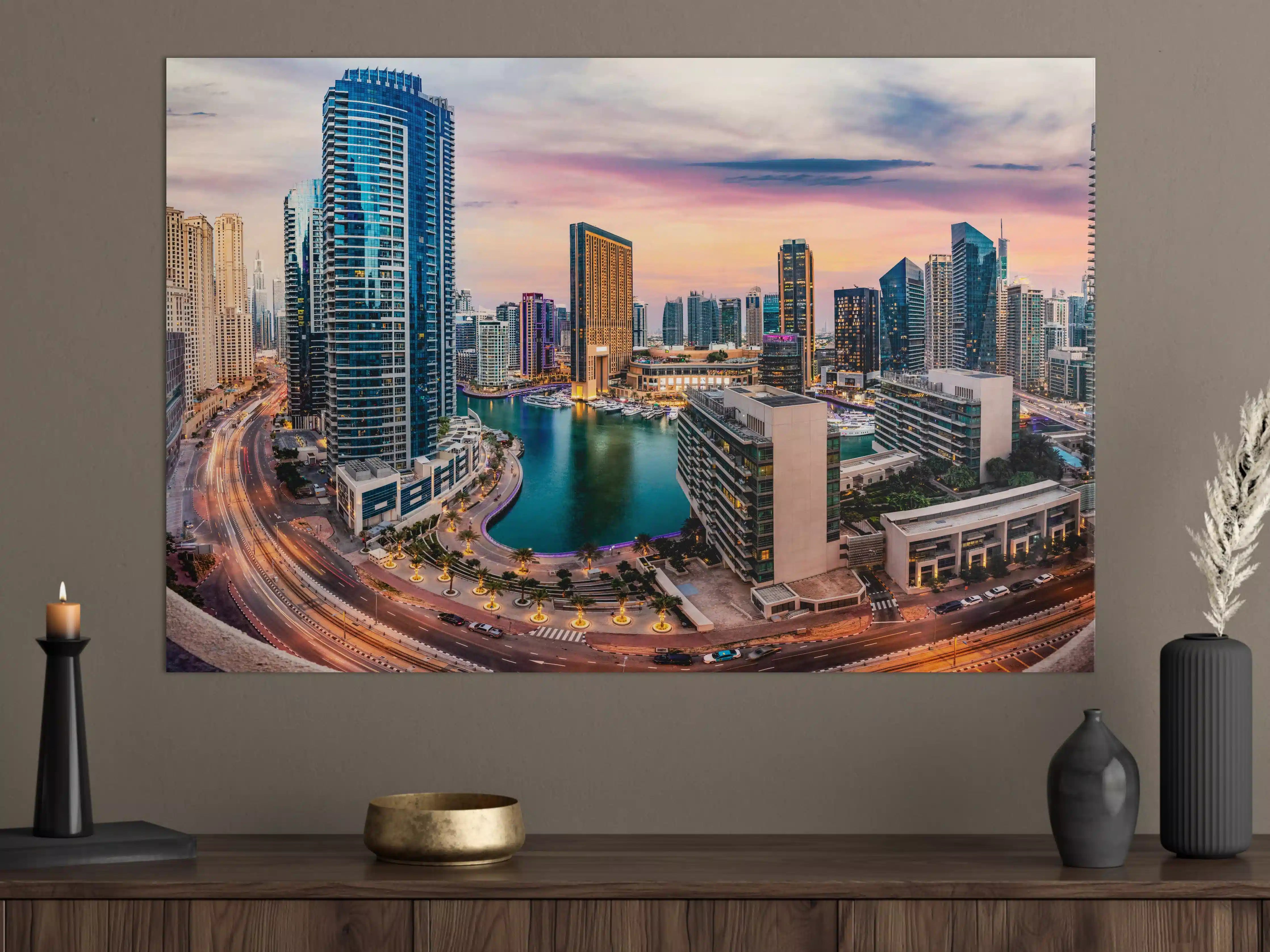 Große Wandbilder - Skyline des Jachthafens von Dubai bei Sonnenuntergang