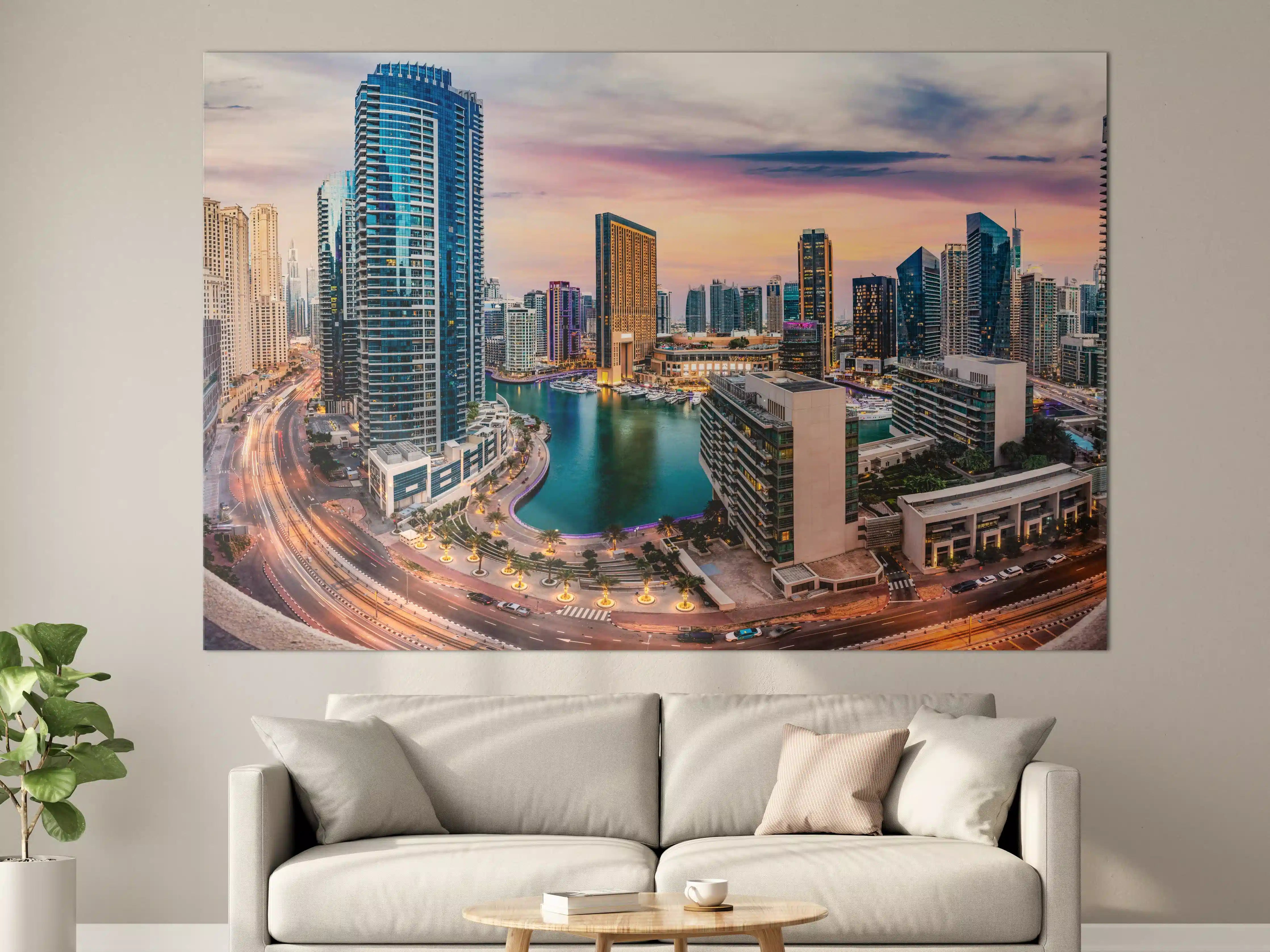 Große Wandbilder - Skyline des Jachthafens von Dubai bei Sonnenuntergang