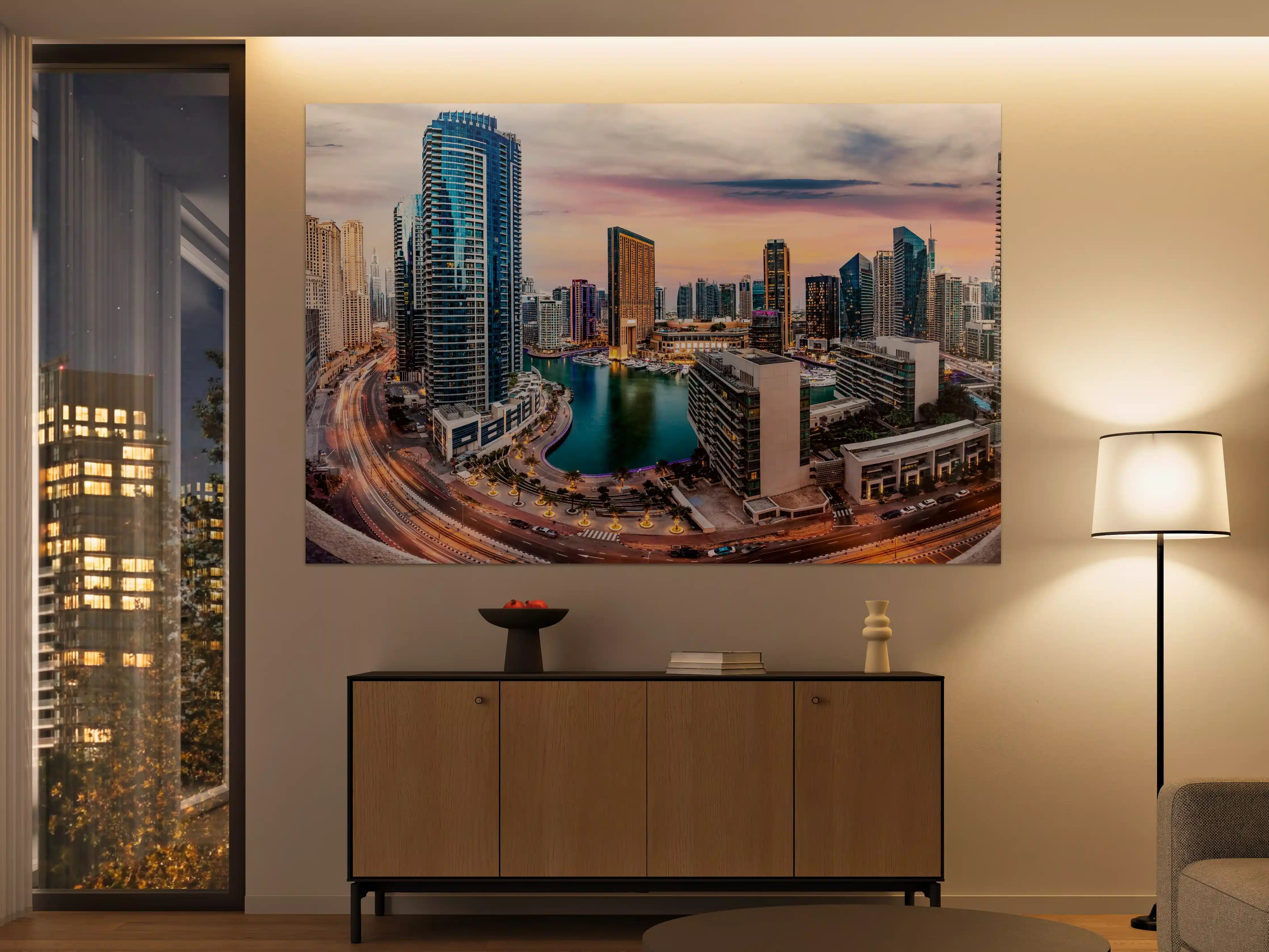Große Wandbilder - Skyline des Jachthafens von Dubai bei Sonnenuntergang
