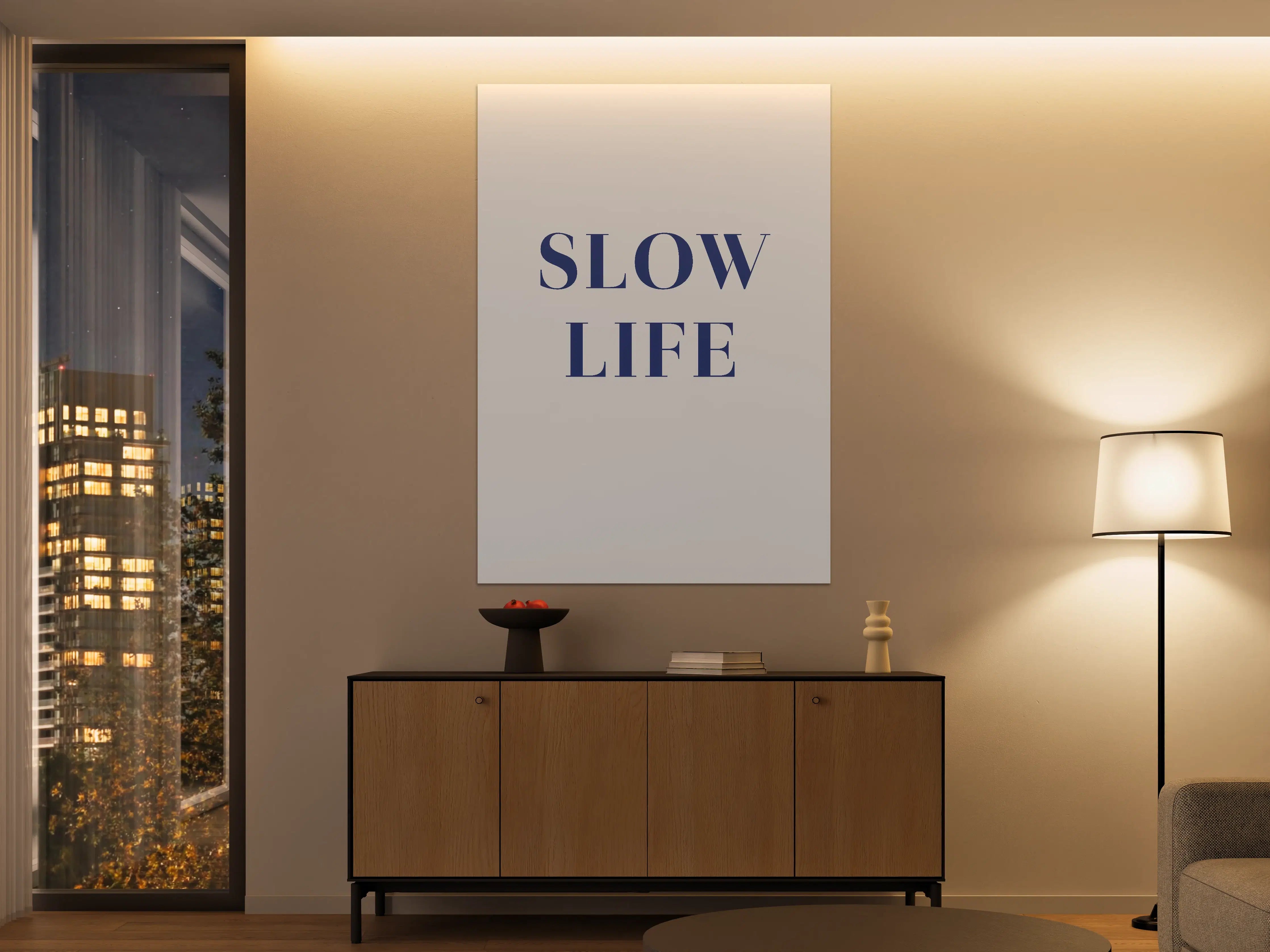 Große Wandbilder - Slow Life Text in Blau auf Weiß