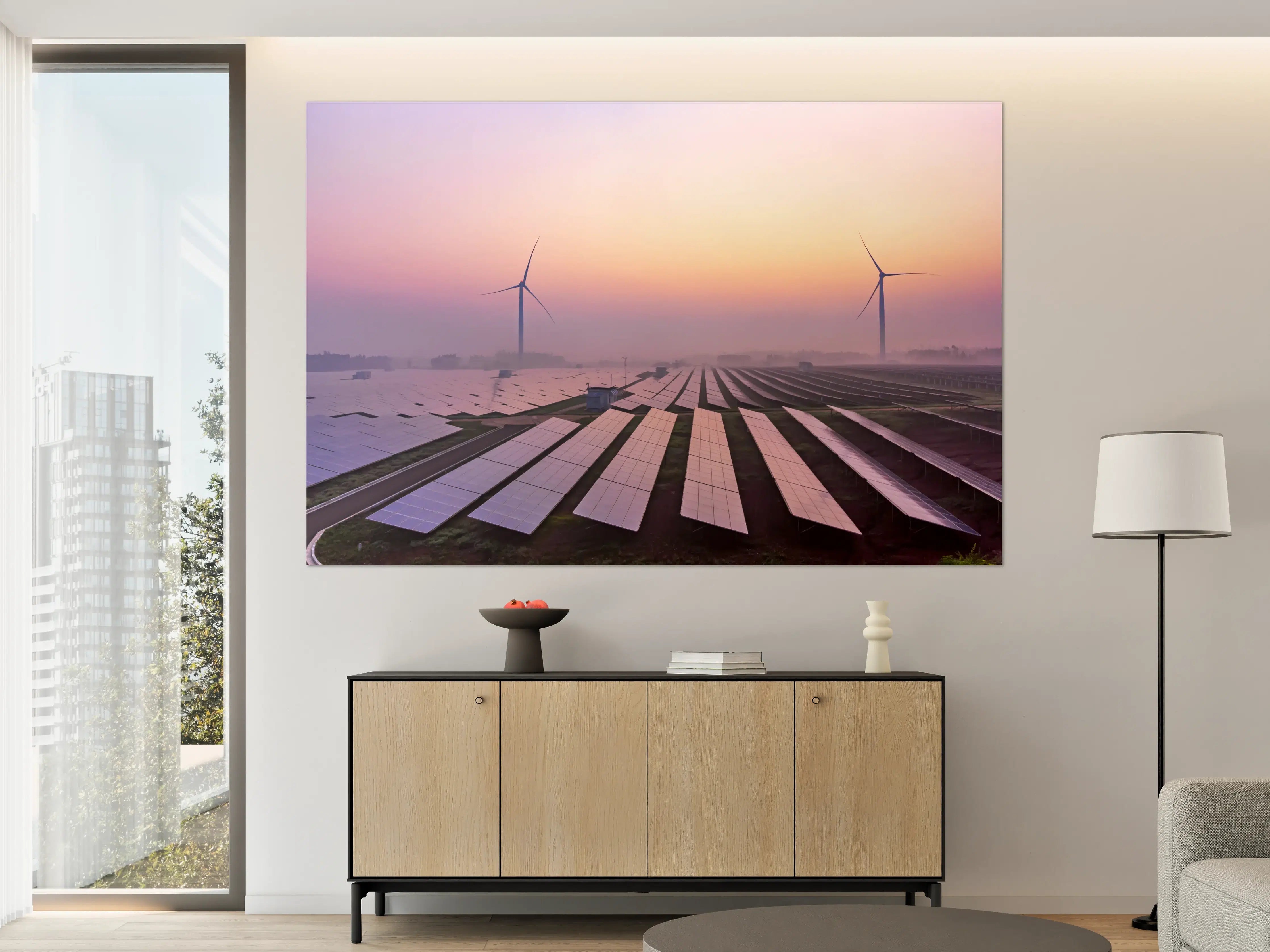 Große Wandbilder - Solar- und Windenergieanlage bei Sonnenaufgang