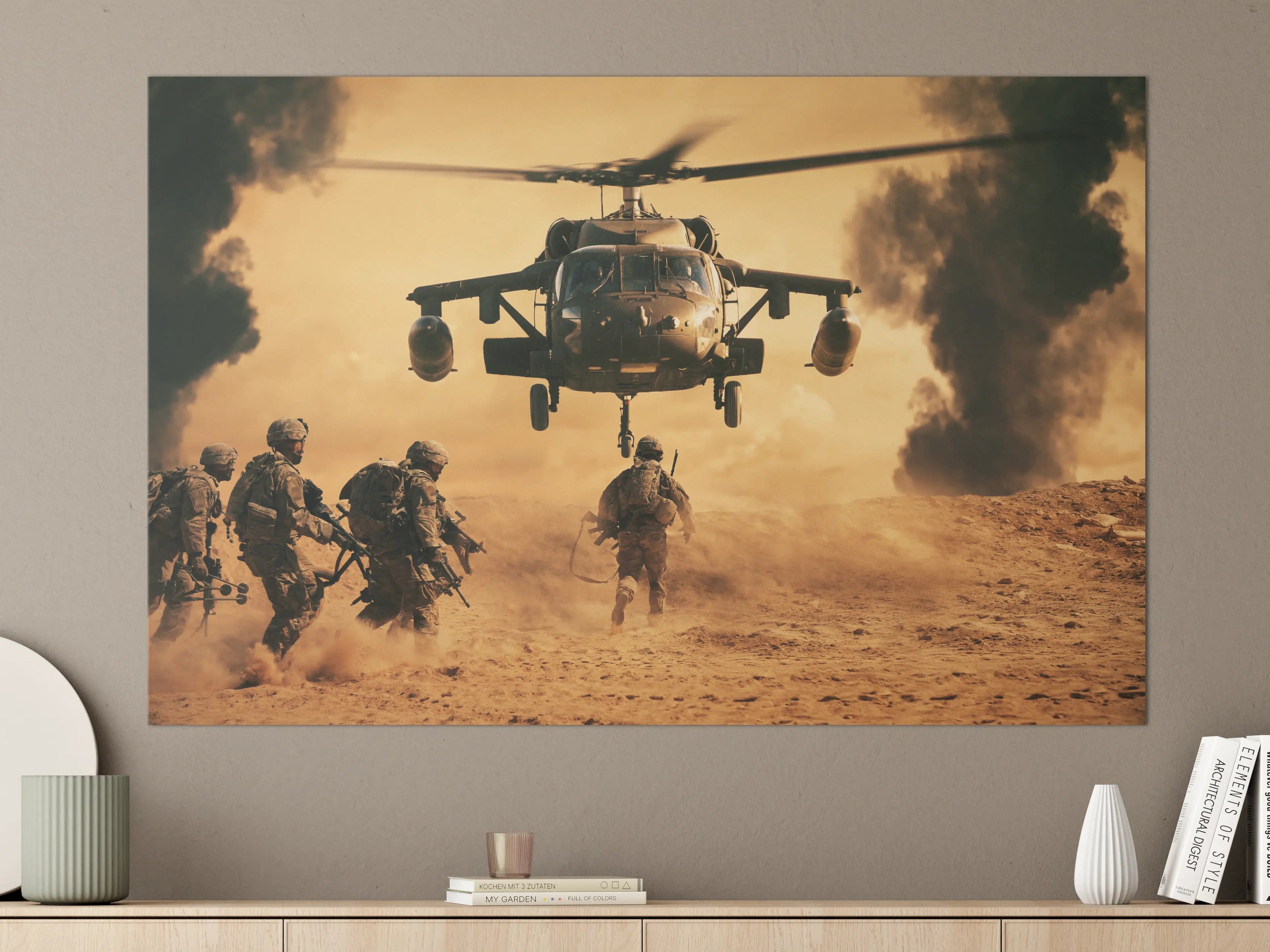 Große Wandbilder - Soldaten rennen auf dem Schlachtfeld zum Hubschrauber