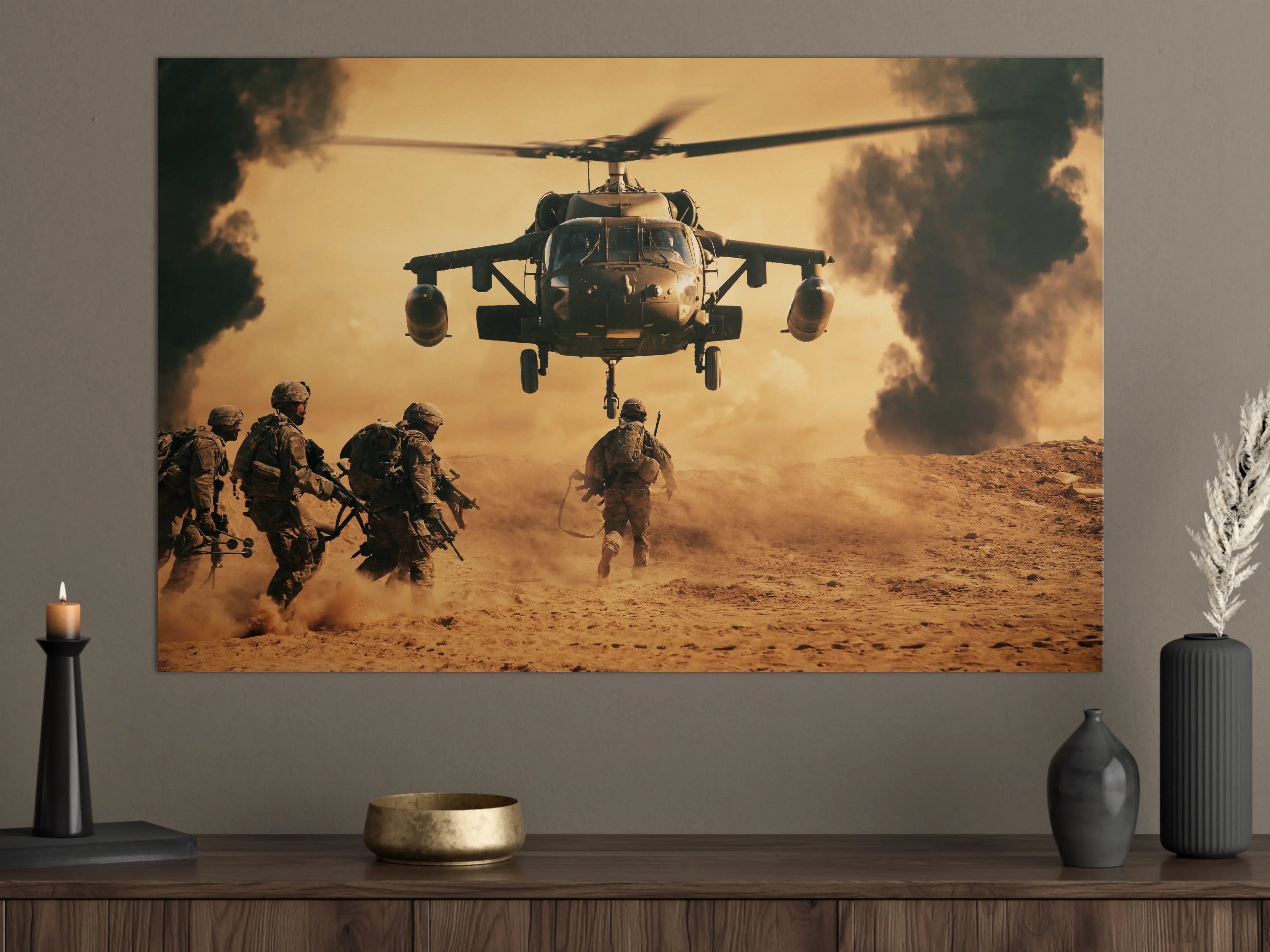 Große Wandbilder - Soldaten rennen auf dem Schlachtfeld zum Hubschrauber