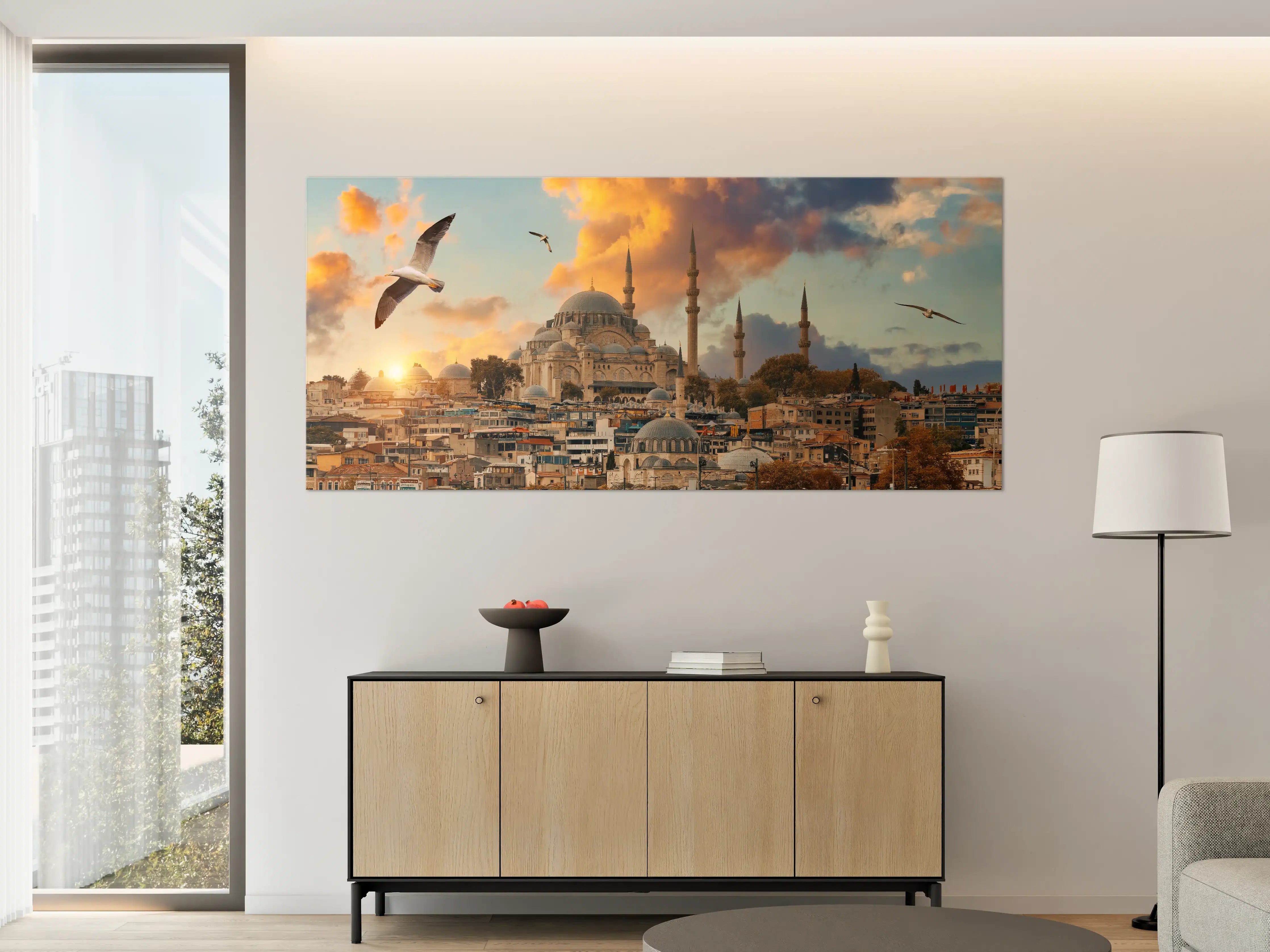 Große Wandbilder - Sonne geht über der Moschee auf, dramatischer Himmel mit Wolken