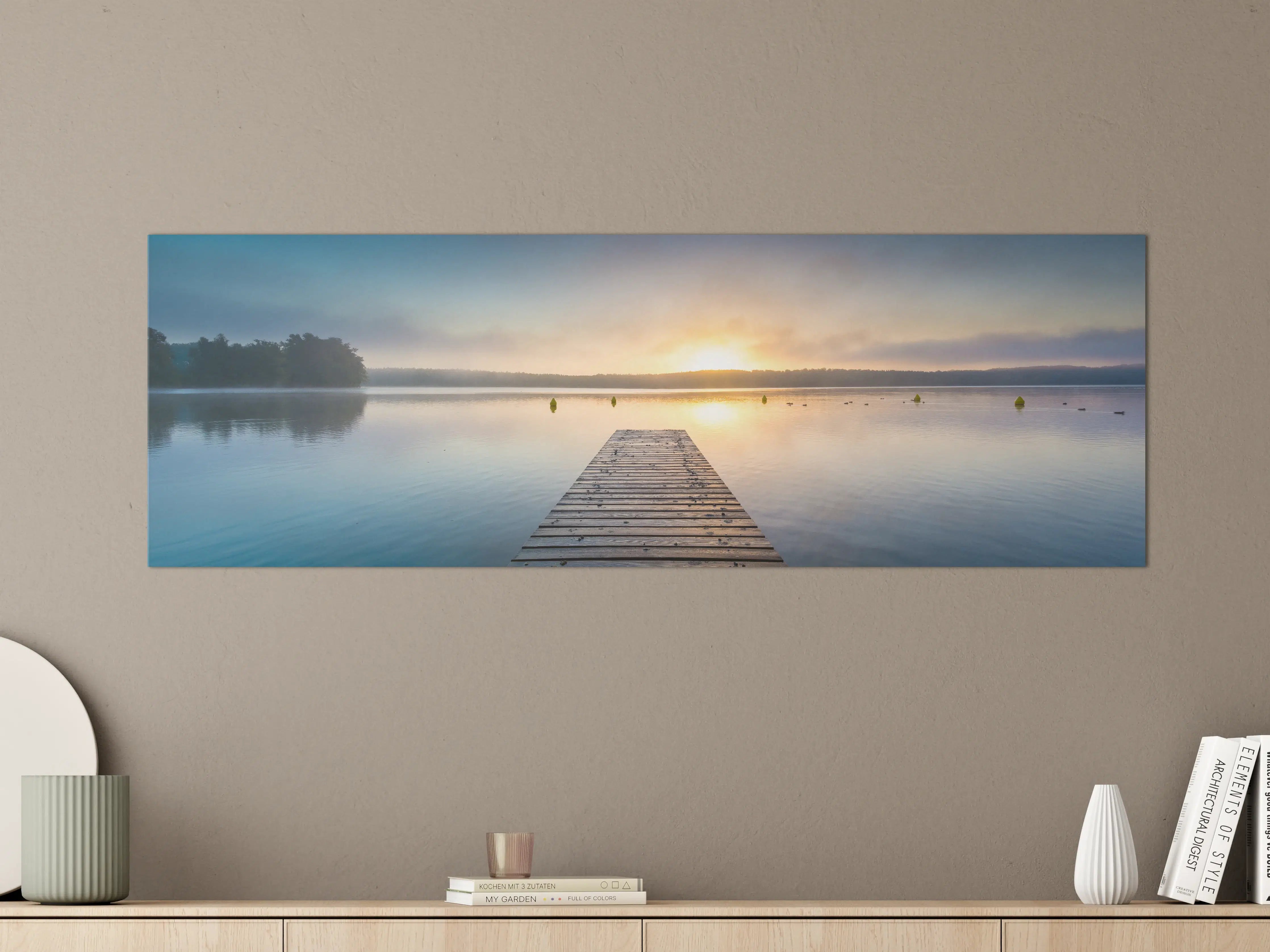 Große Wandbilder - Sonnenaufgang am See mit Nebel