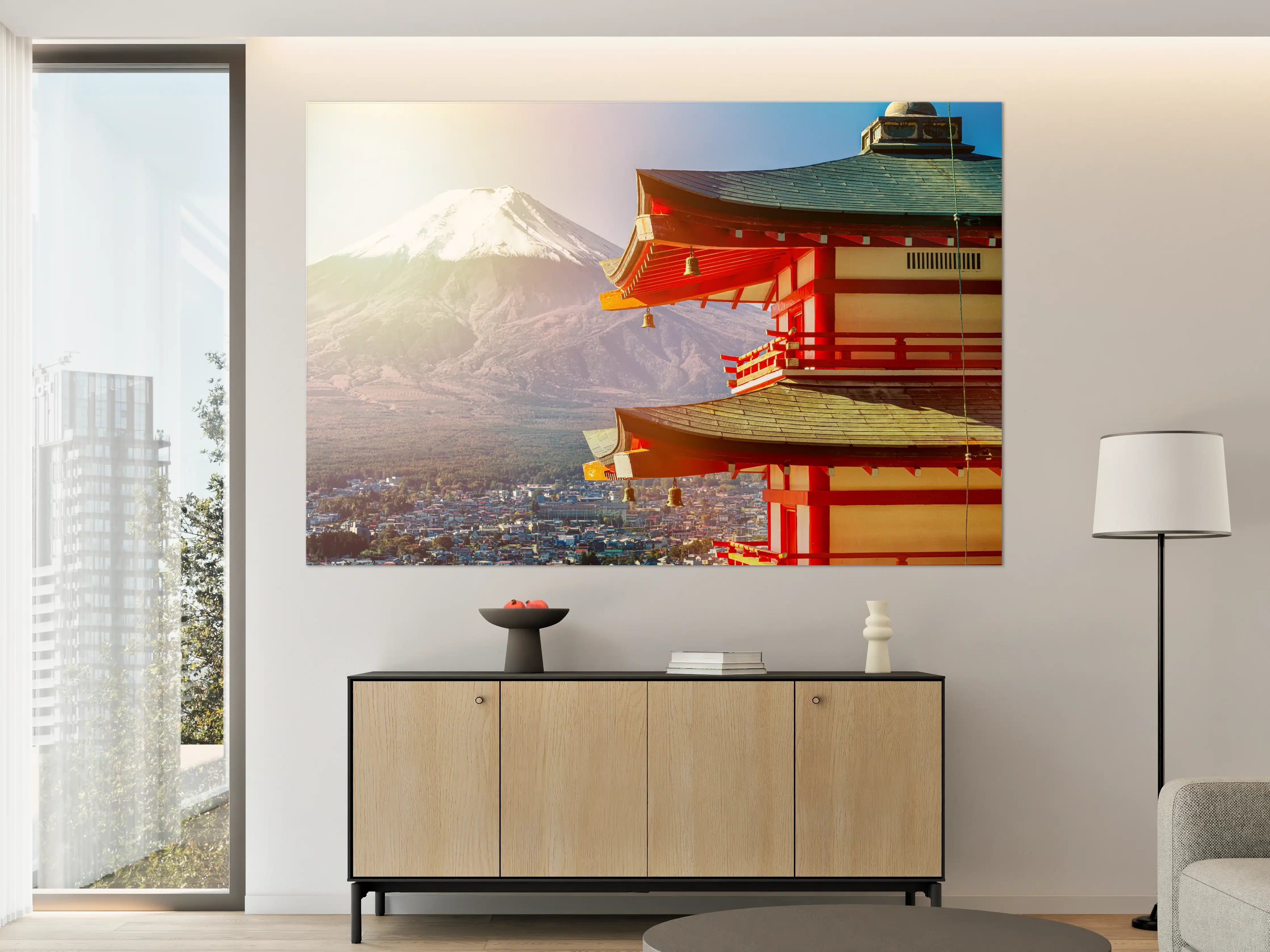 Große Wandbilder - Sonnenaufgang des Berges Fuji und rote Pagode