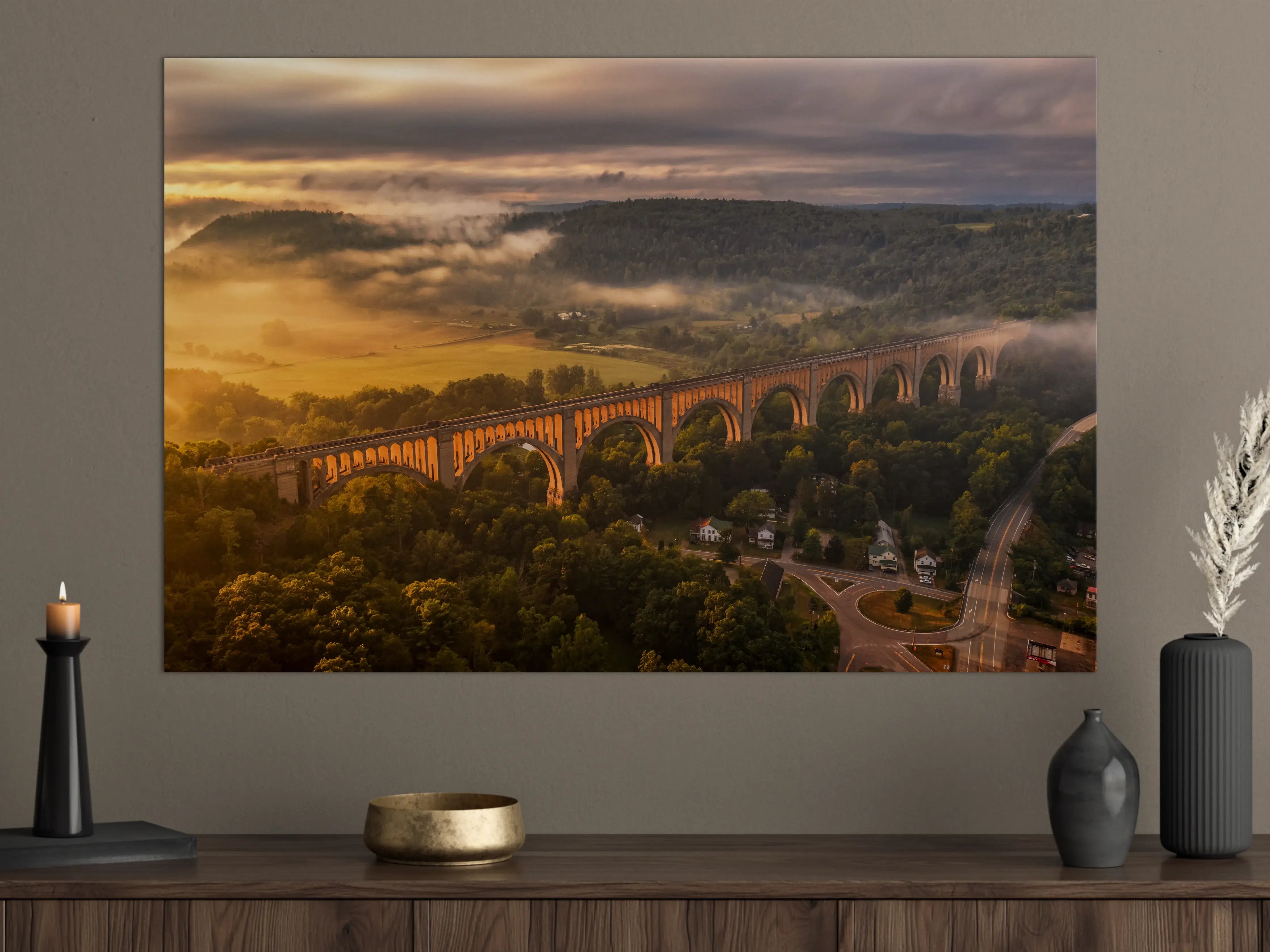 Große Wandbilder - Sonnenaufgang über der alten Eisenbahnbrücke