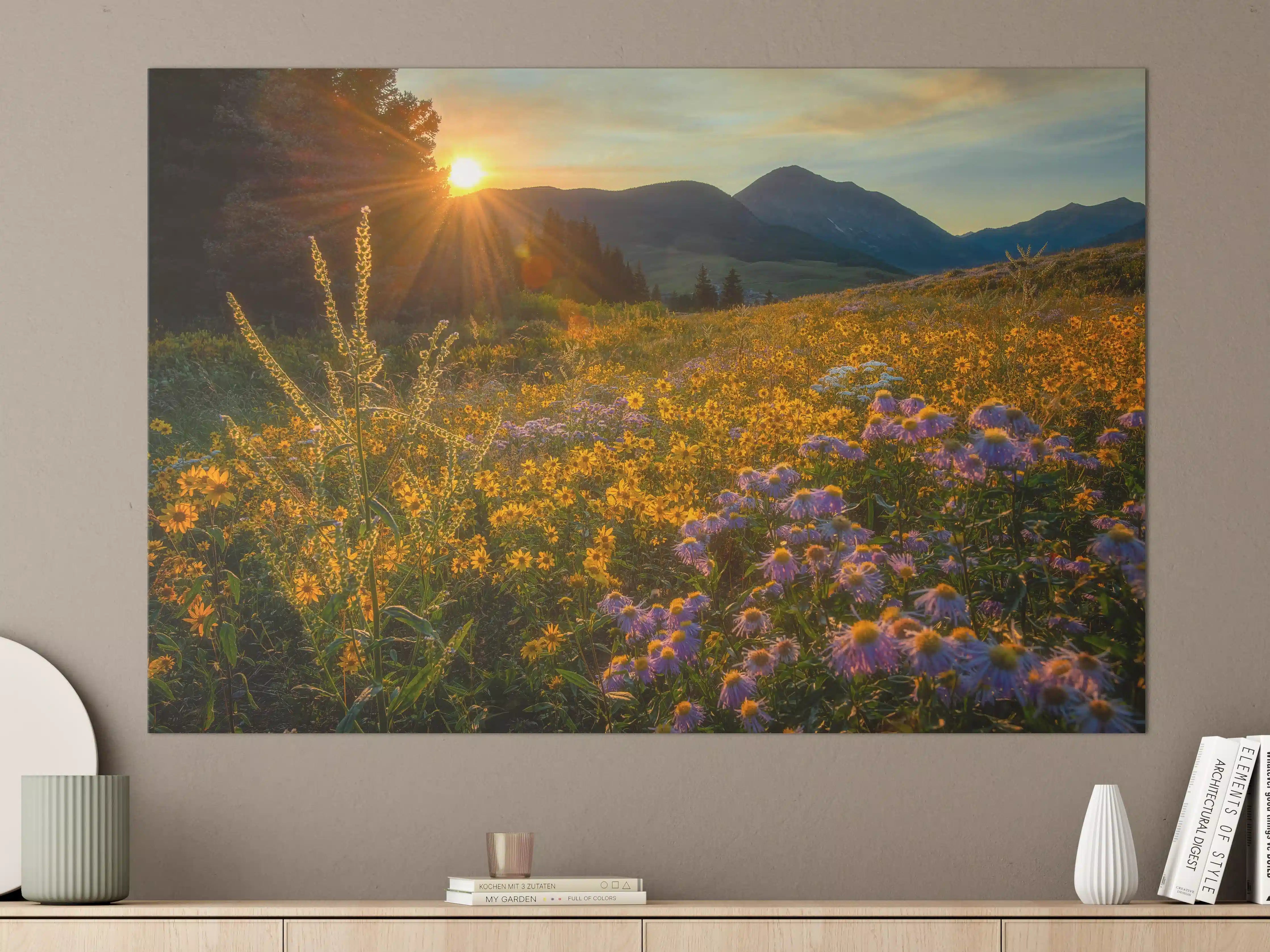 Große Wandbilder - Sonnenaufgang über einem Blumenfeld