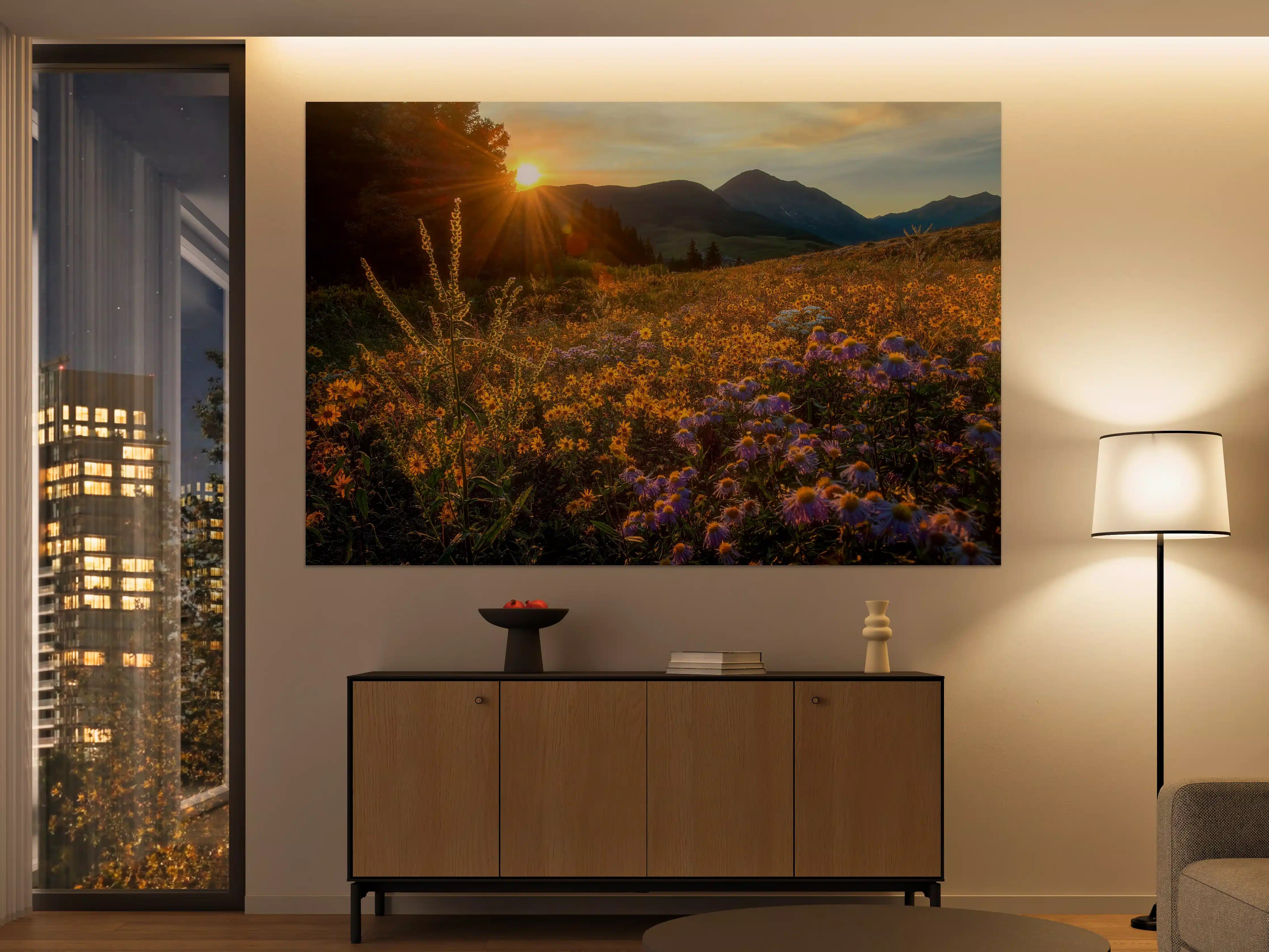 Große Wandbilder - Sonnenaufgang über einem Blumenfeld