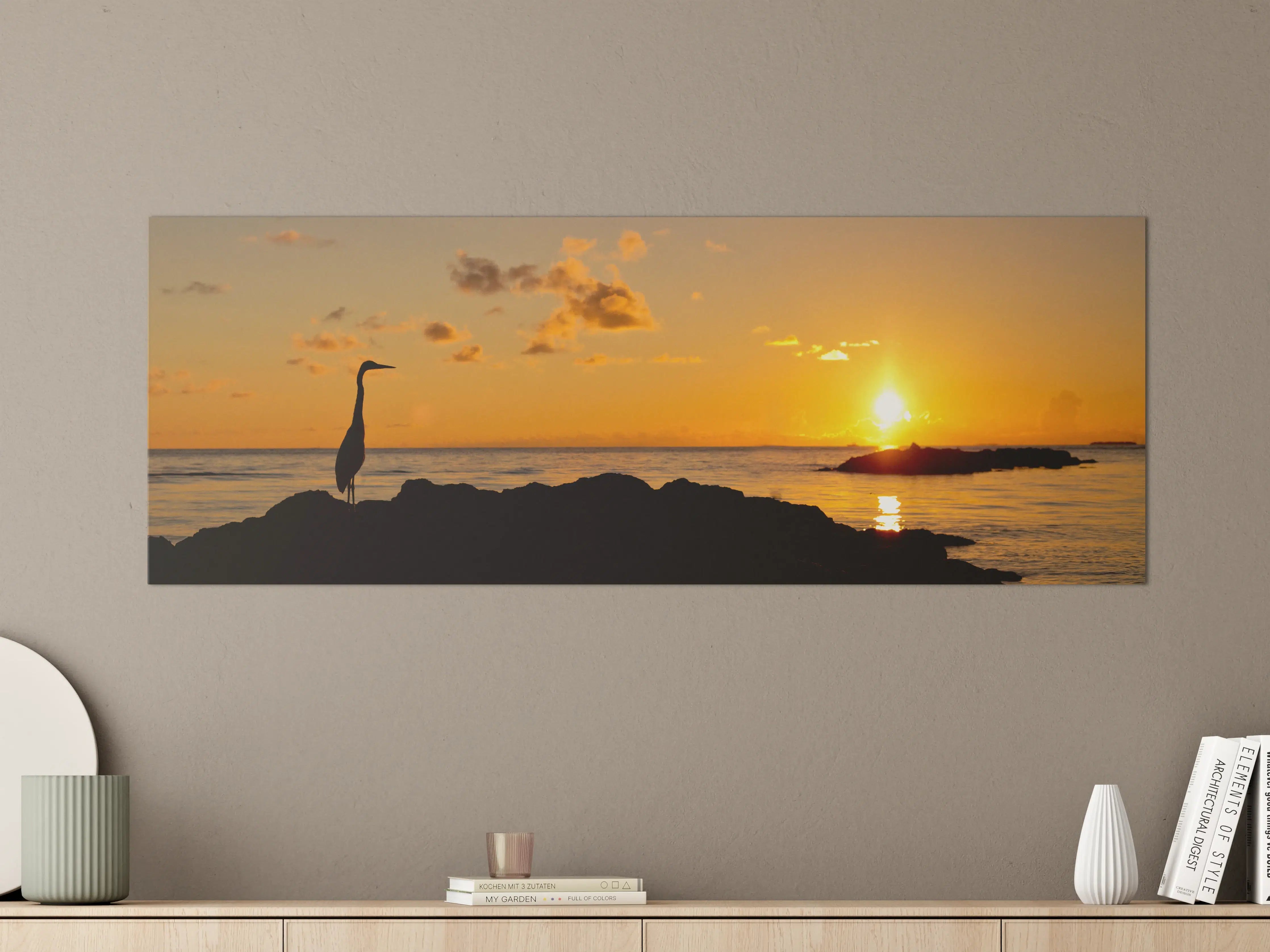 Große Wandbilder - Sonnenuntergang am Strand mit Krabbe