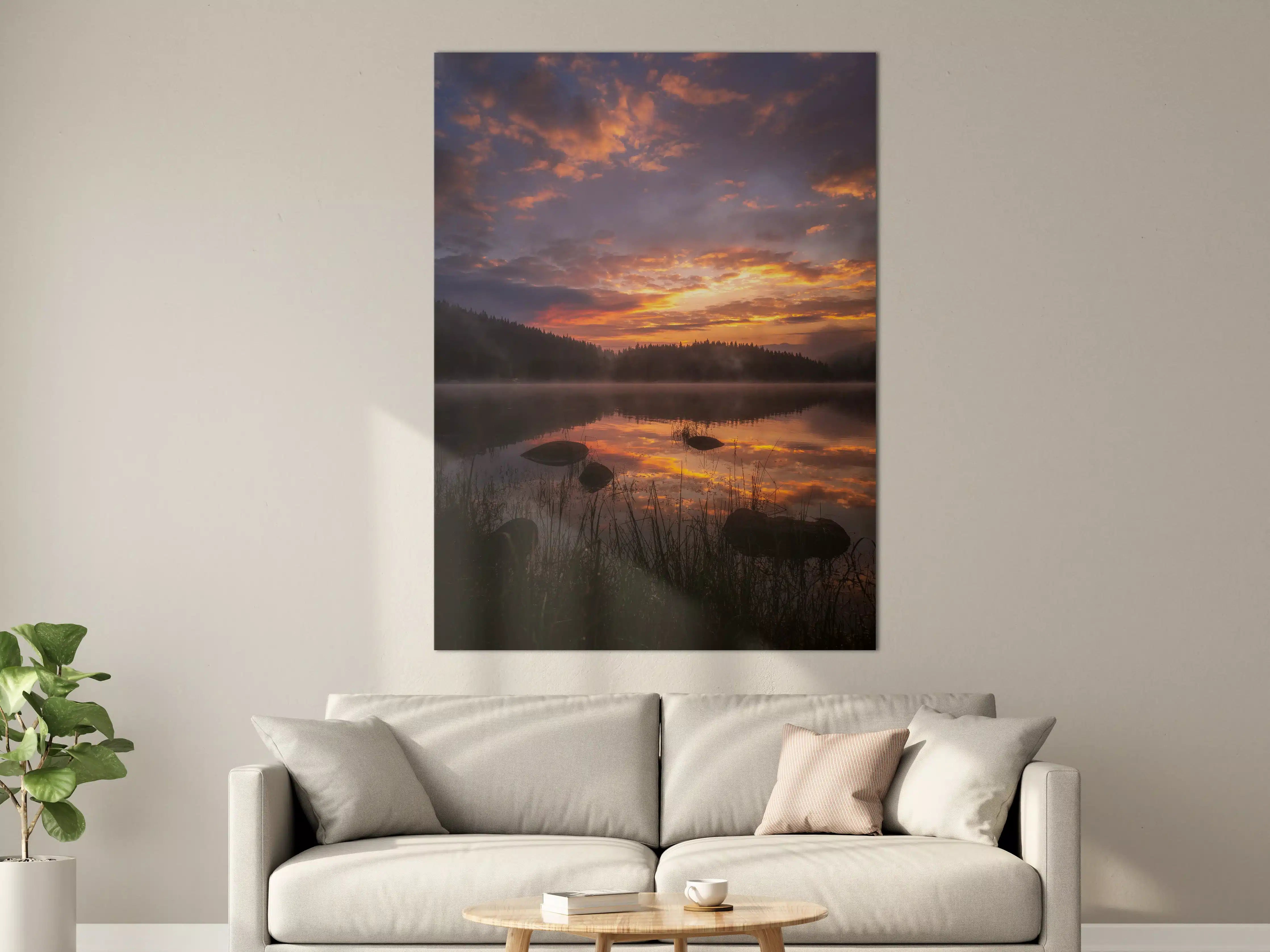 Große Wandbilder - Sonnenuntergang am ruhigen See mit Fairy Lights