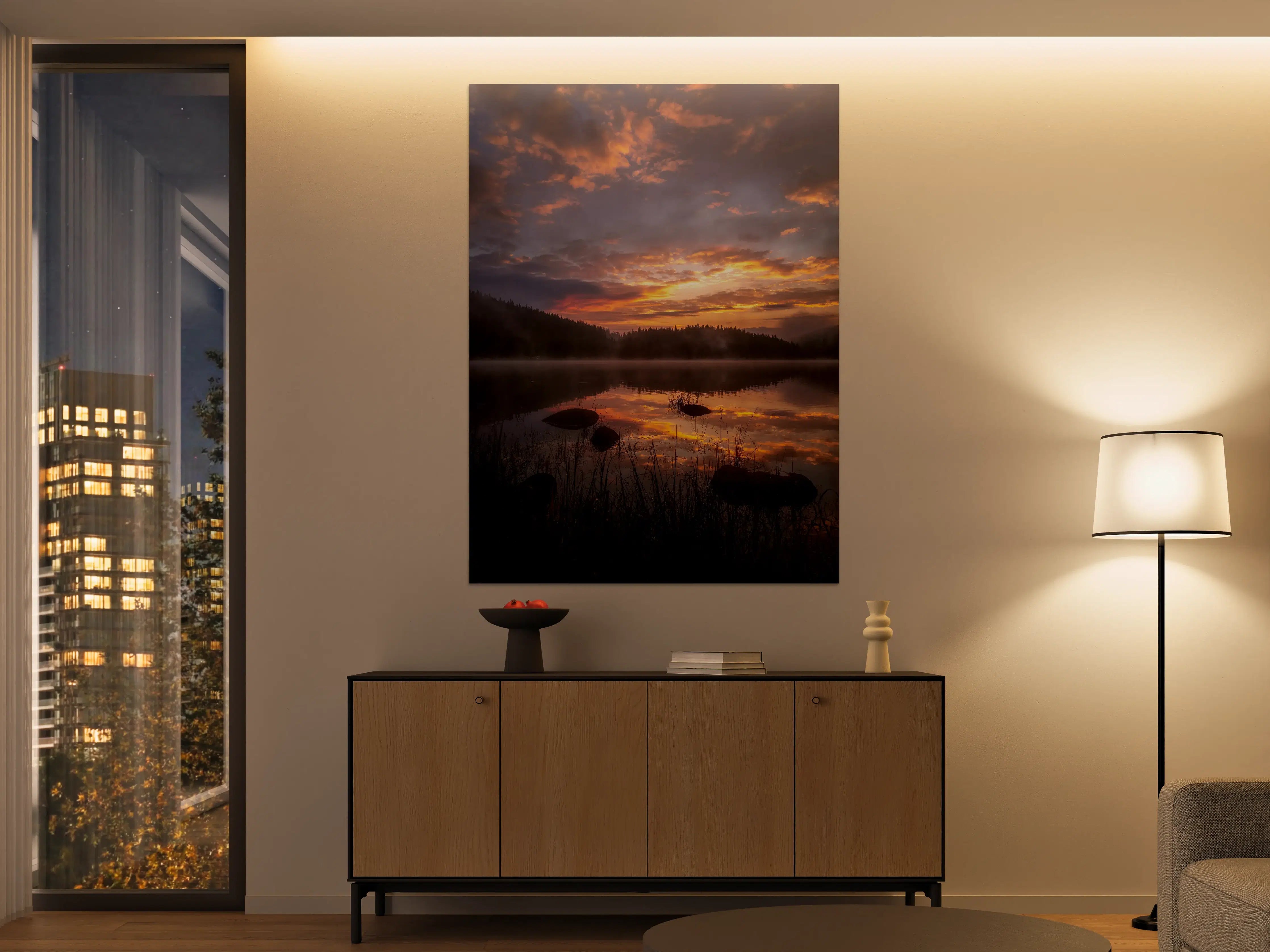 Große Wandbilder - Sonnenuntergang am ruhigen See mit Fairy Lights