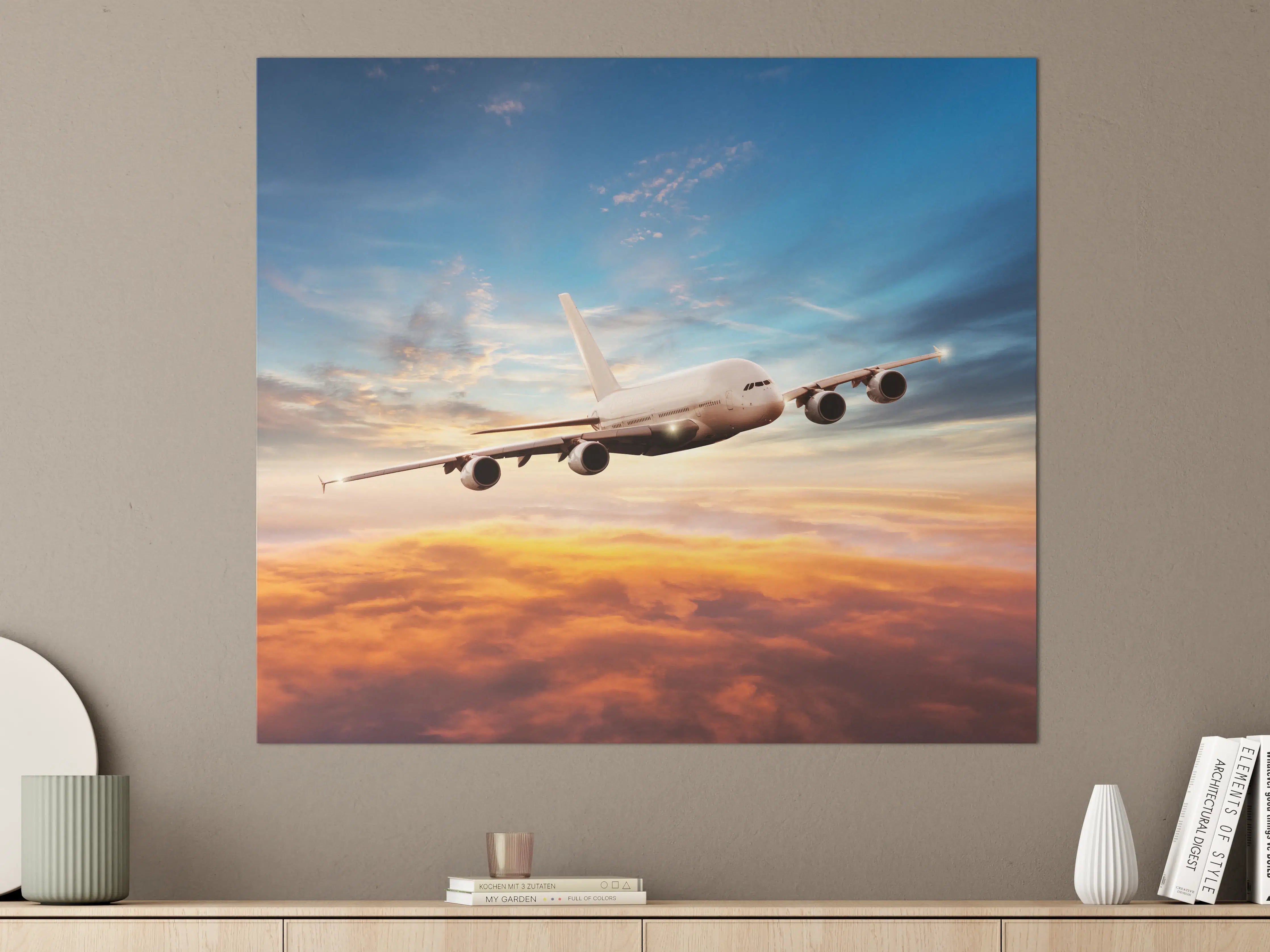 Große Wandbilder - Sonnenuntergang mit Passagierjet