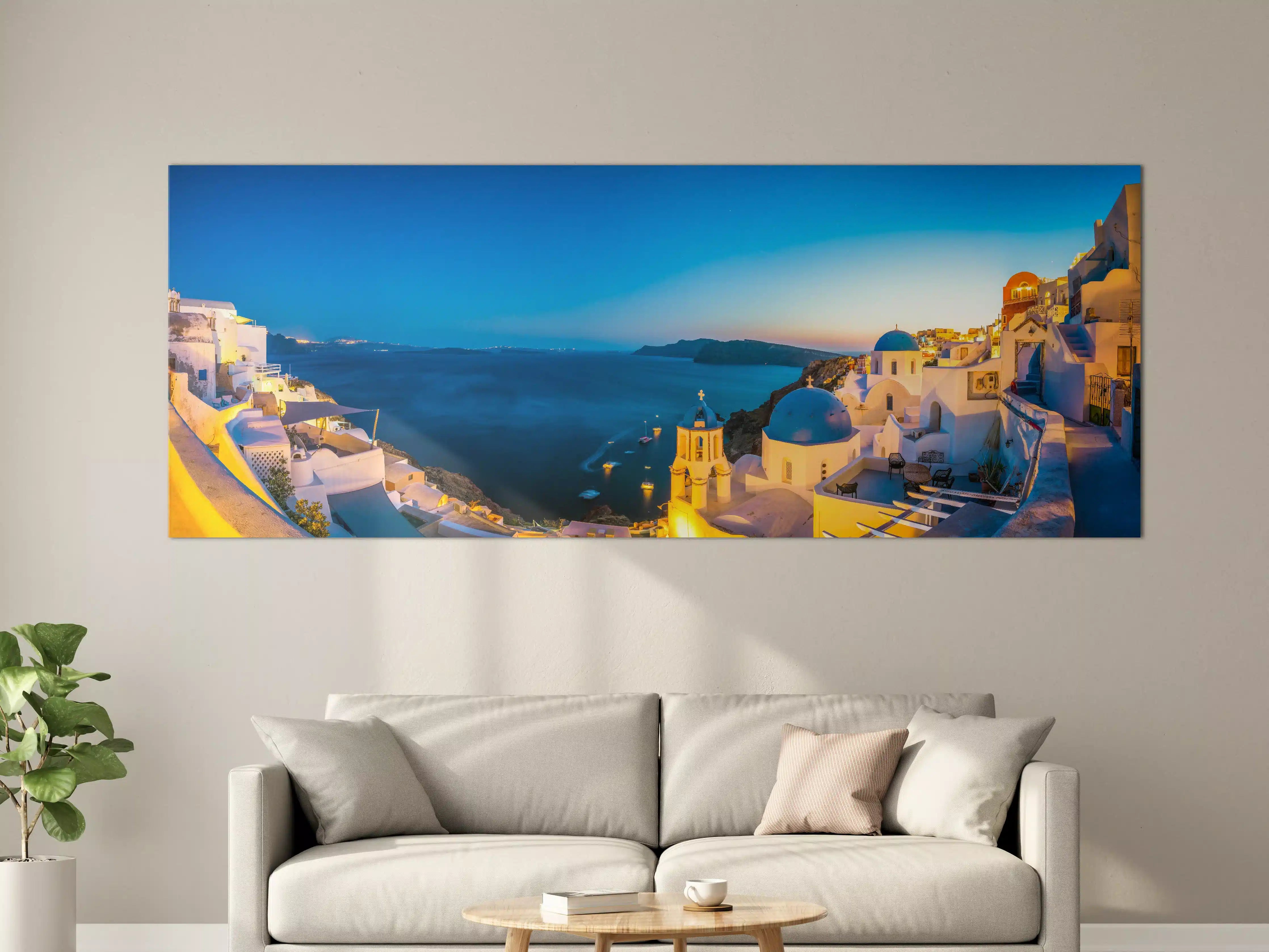 Große Wandbilder - Sonnenuntergang über Santorini mit weißen Gebäuden