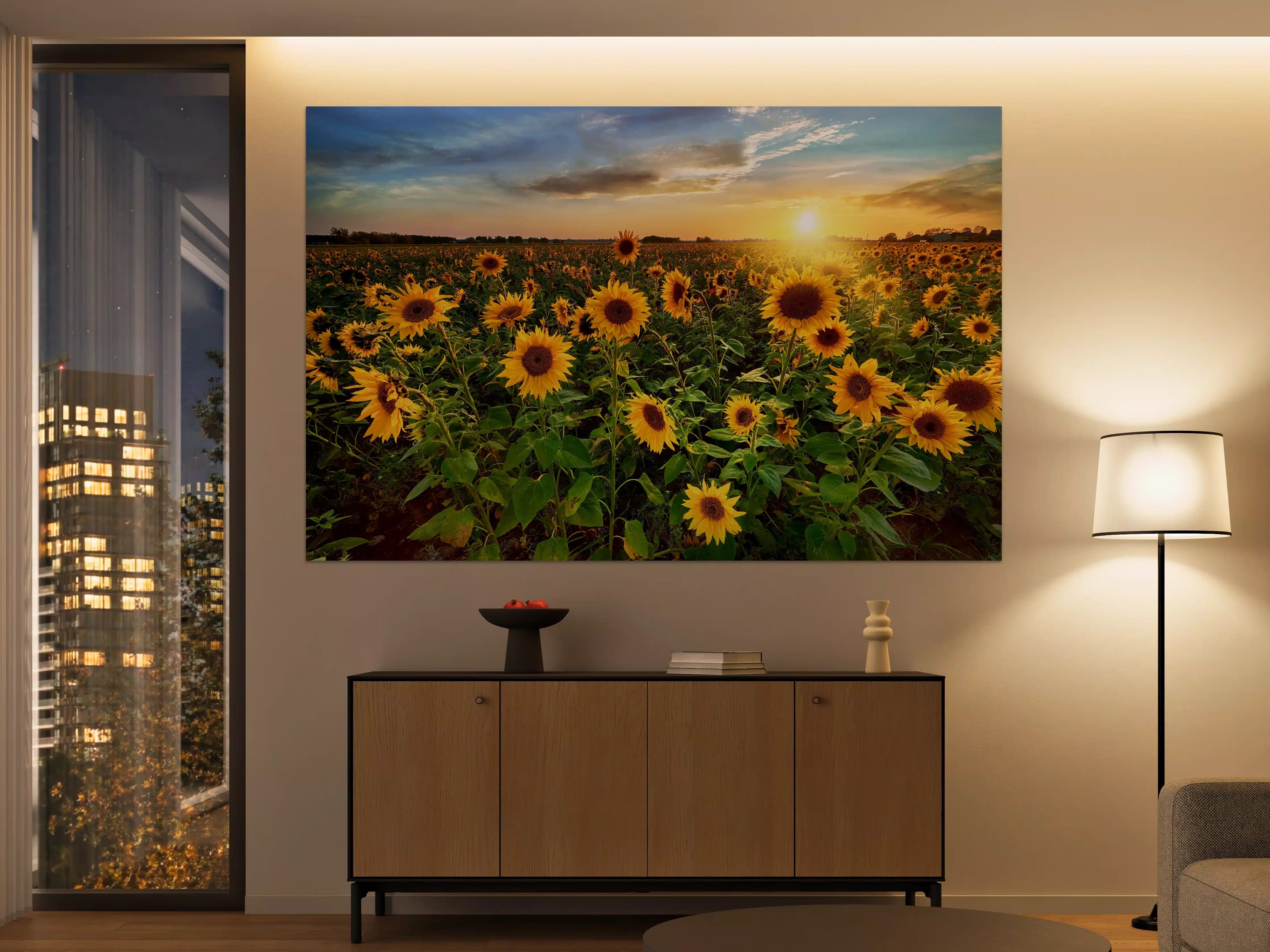 Große Wandbilder - Sonnenuntergang über Sonnenblumenfeld in Hessen