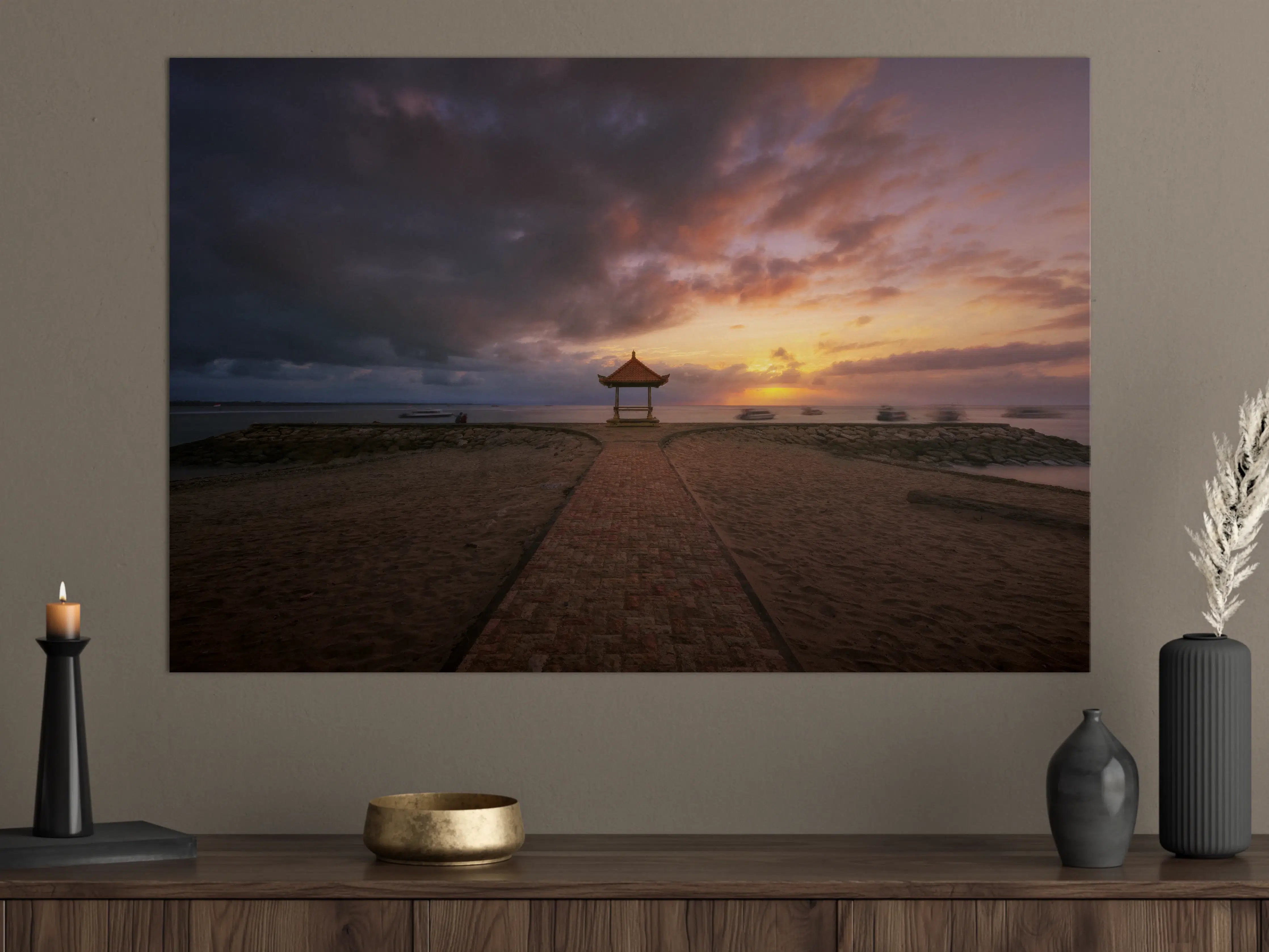 Große Wandbilder - Sonnenuntergang über dem Strand mit Pavillon