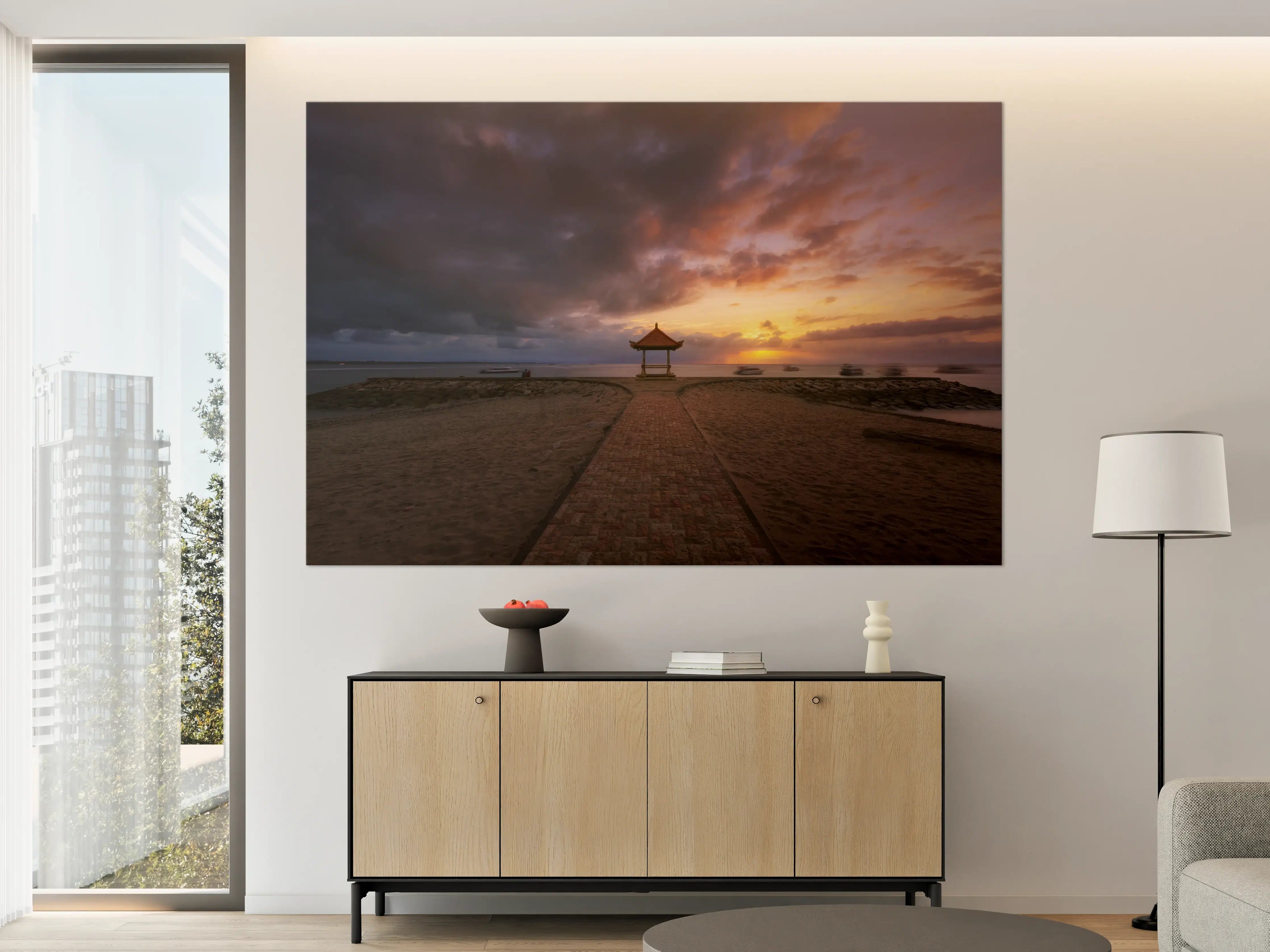 Große Wandbilder - Sonnenuntergang über dem Strand mit Pavillon