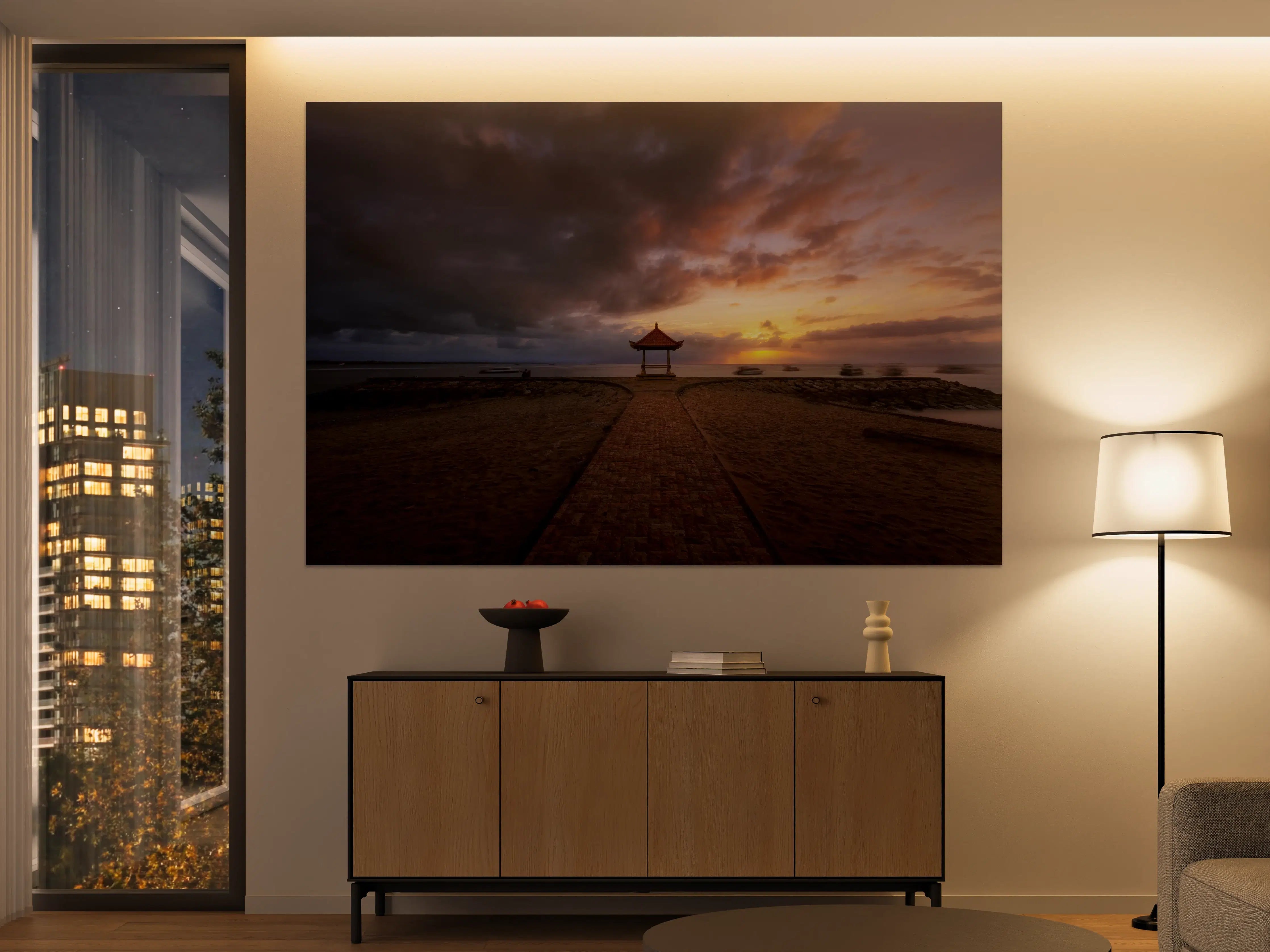 Große Wandbilder - Sonnenuntergang über dem Strand mit Pavillon