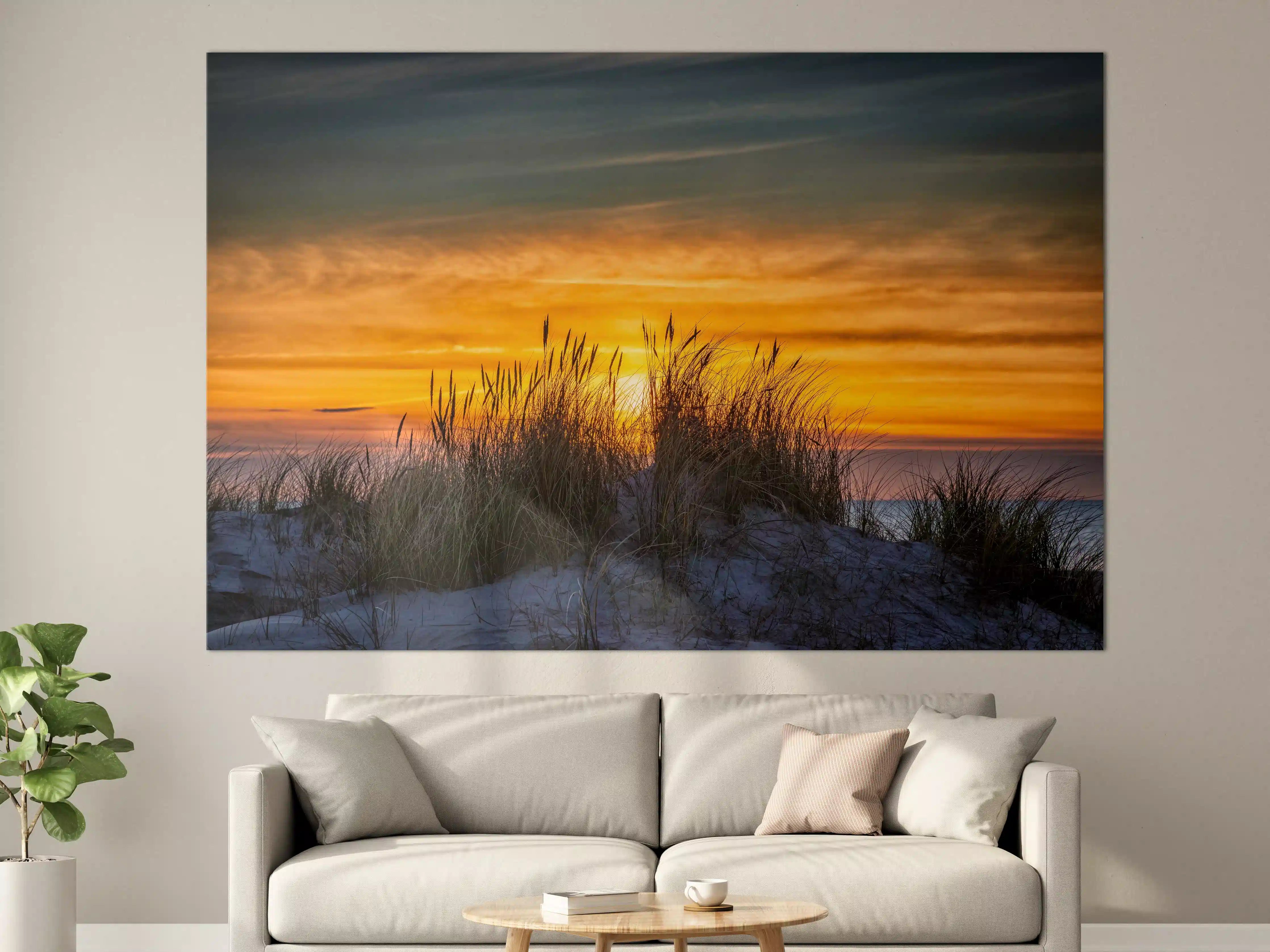Große Wandbilder - Sonnenuntergang über den Dünen mit Gräsern