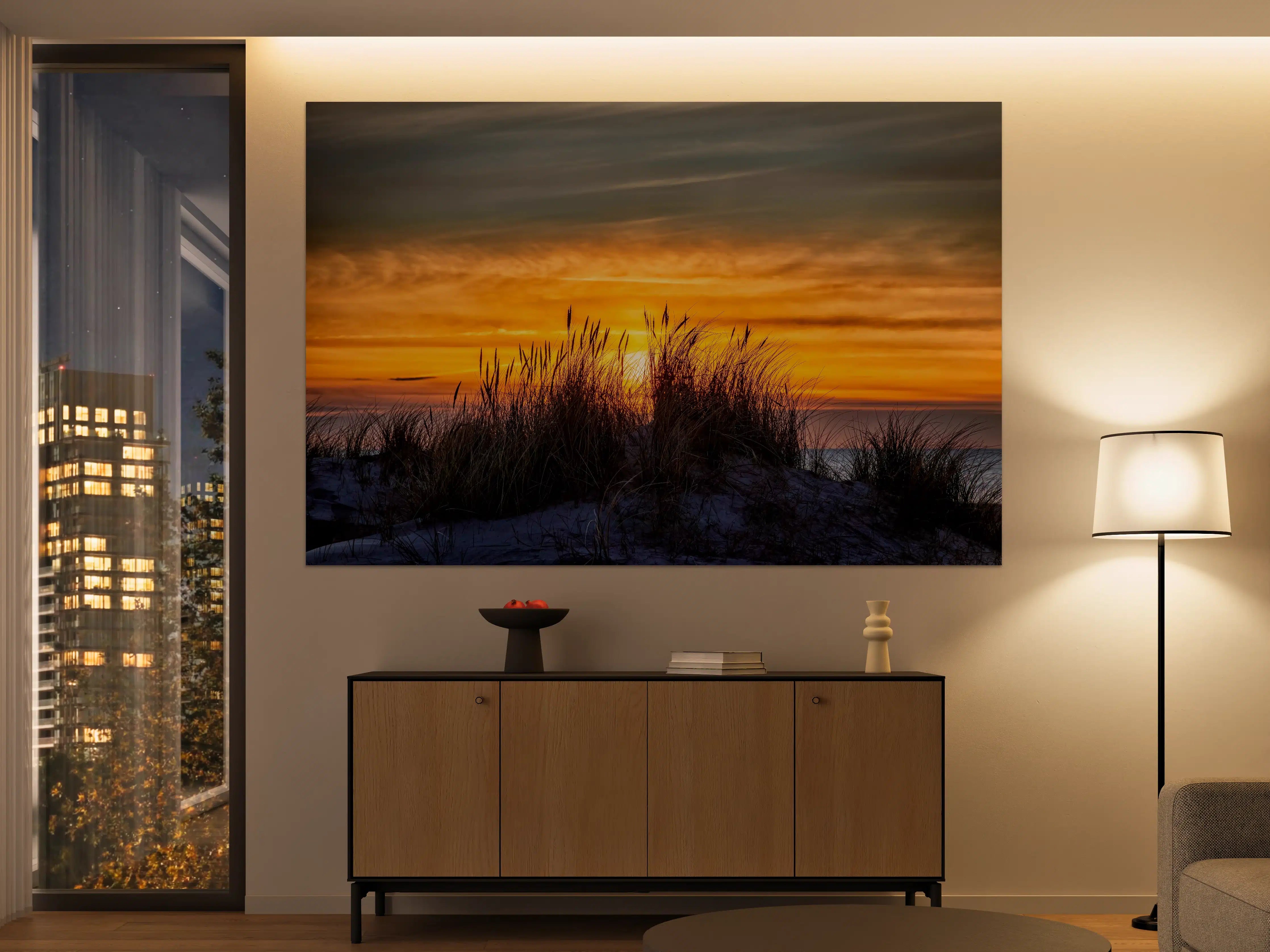 Große Wandbilder - Sonnenuntergang über den Dünen mit Gräsern