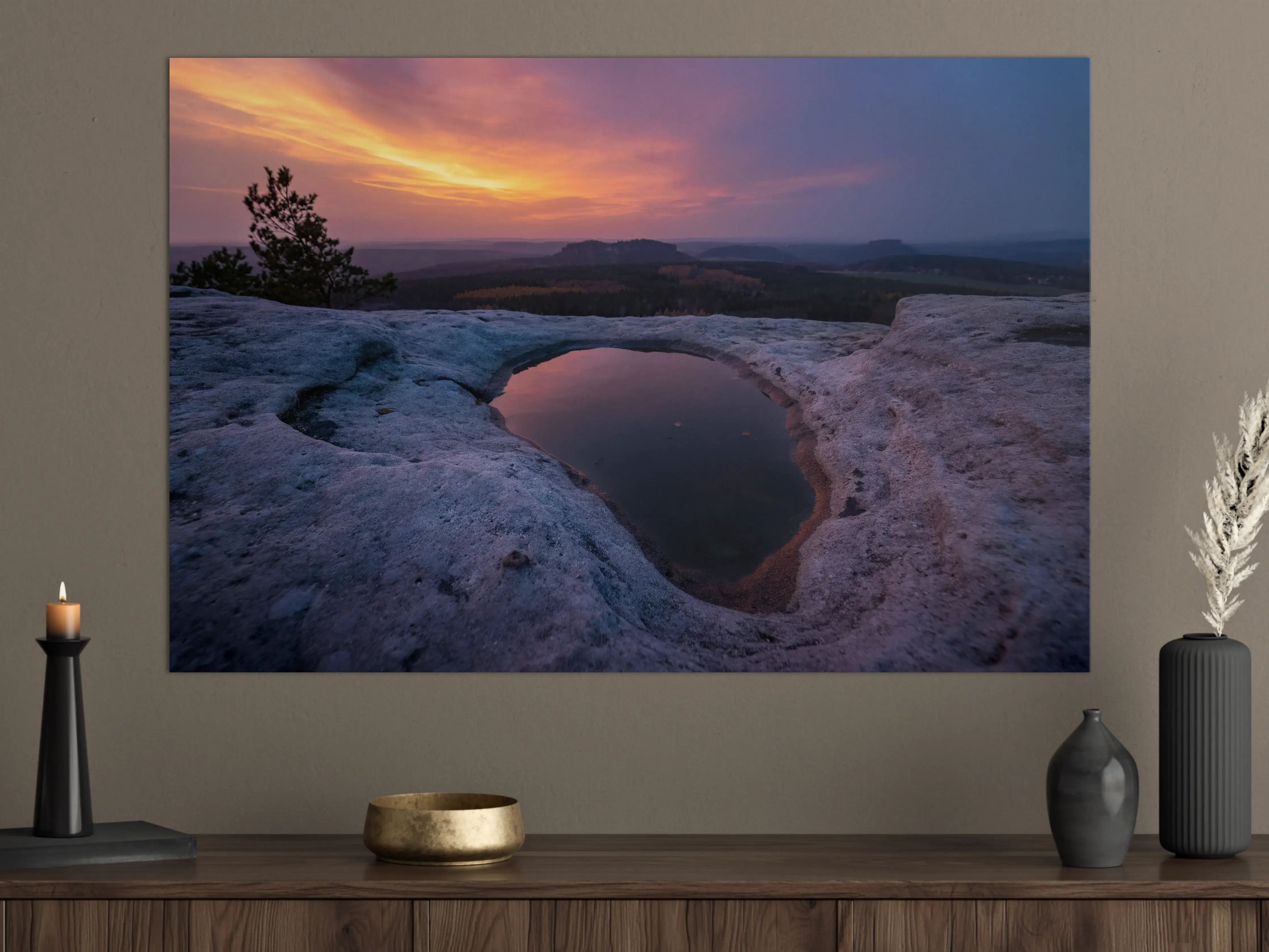 Große Wandbilder - Sonnenuntergang über der Natur mit Felsen und Wasser