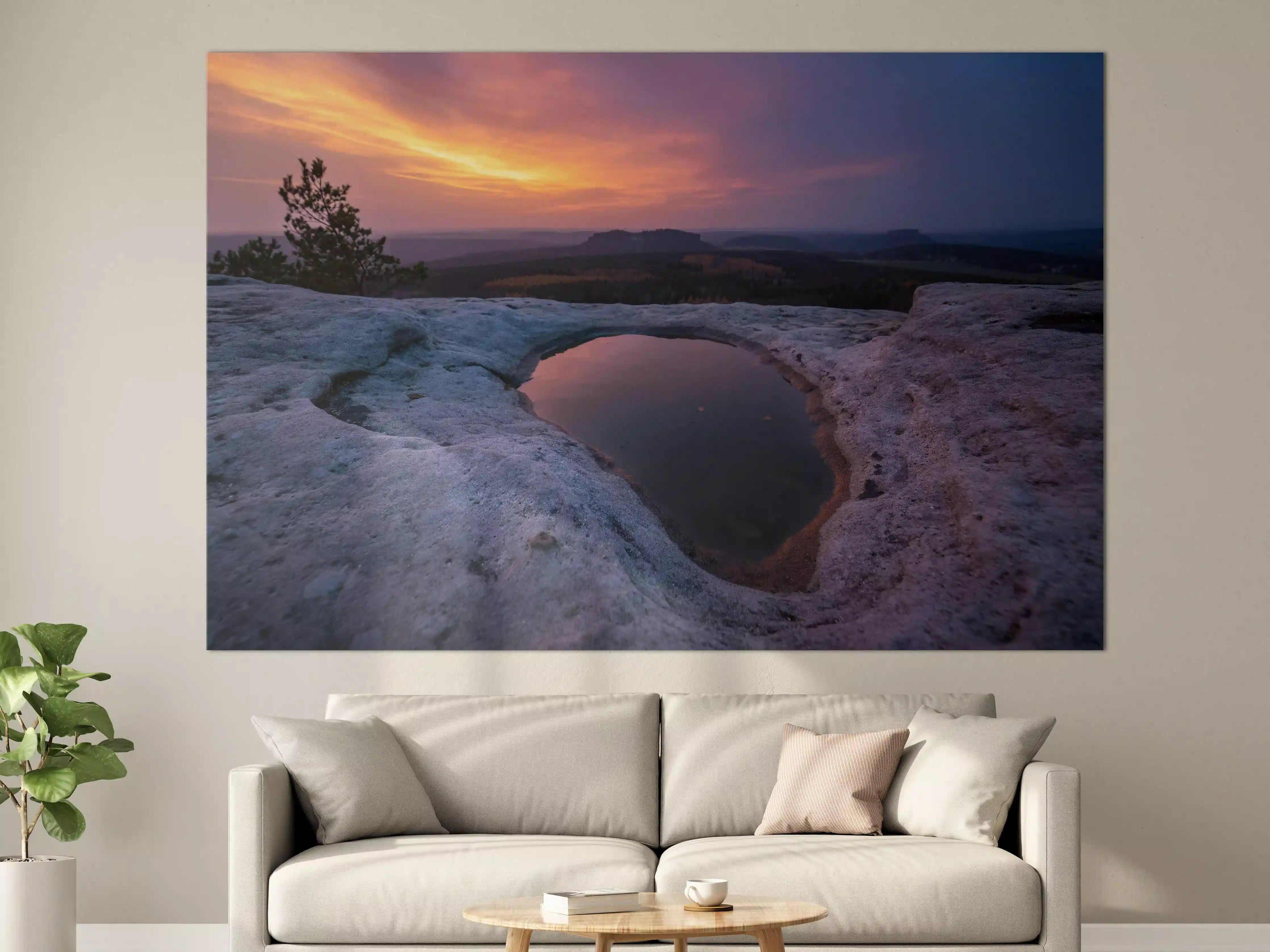 Große Wandbilder - Sonnenuntergang über der Natur mit Felsen und Wasser