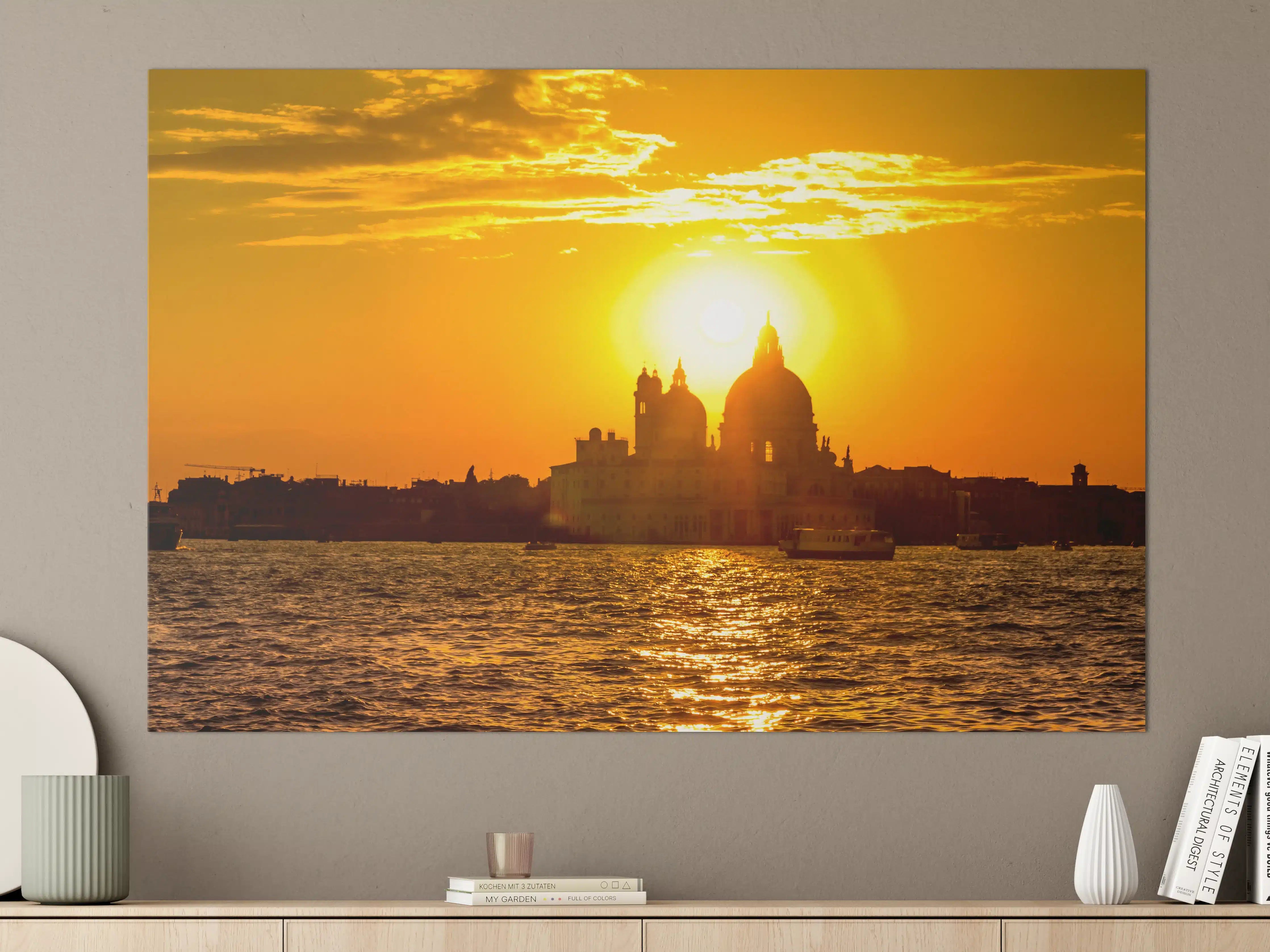 Große Wandbilder - Sonnenuntergang über der Stadt mit Wasserblick