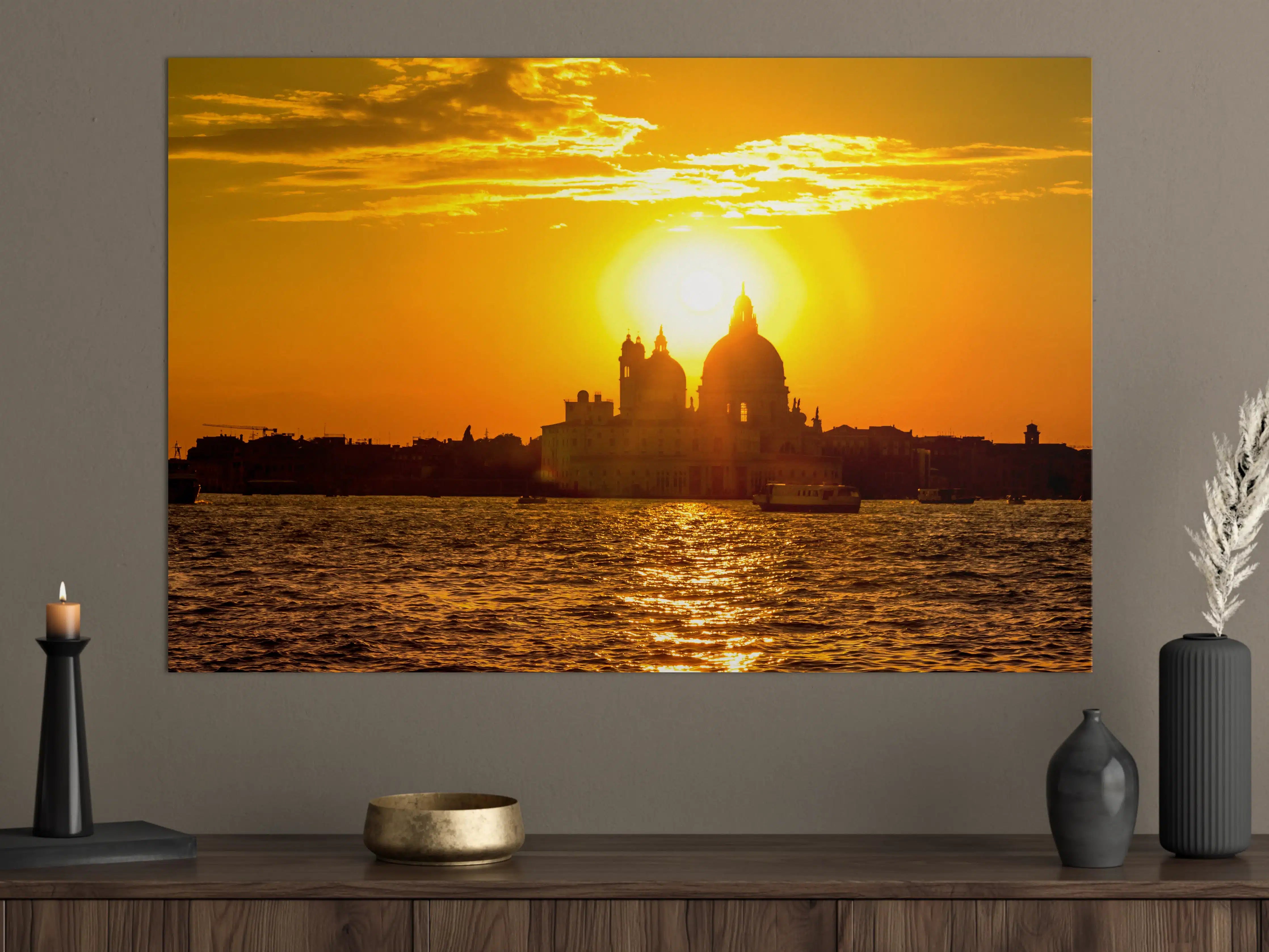 Große Wandbilder - Sonnenuntergang über der Stadt mit Wasserblick