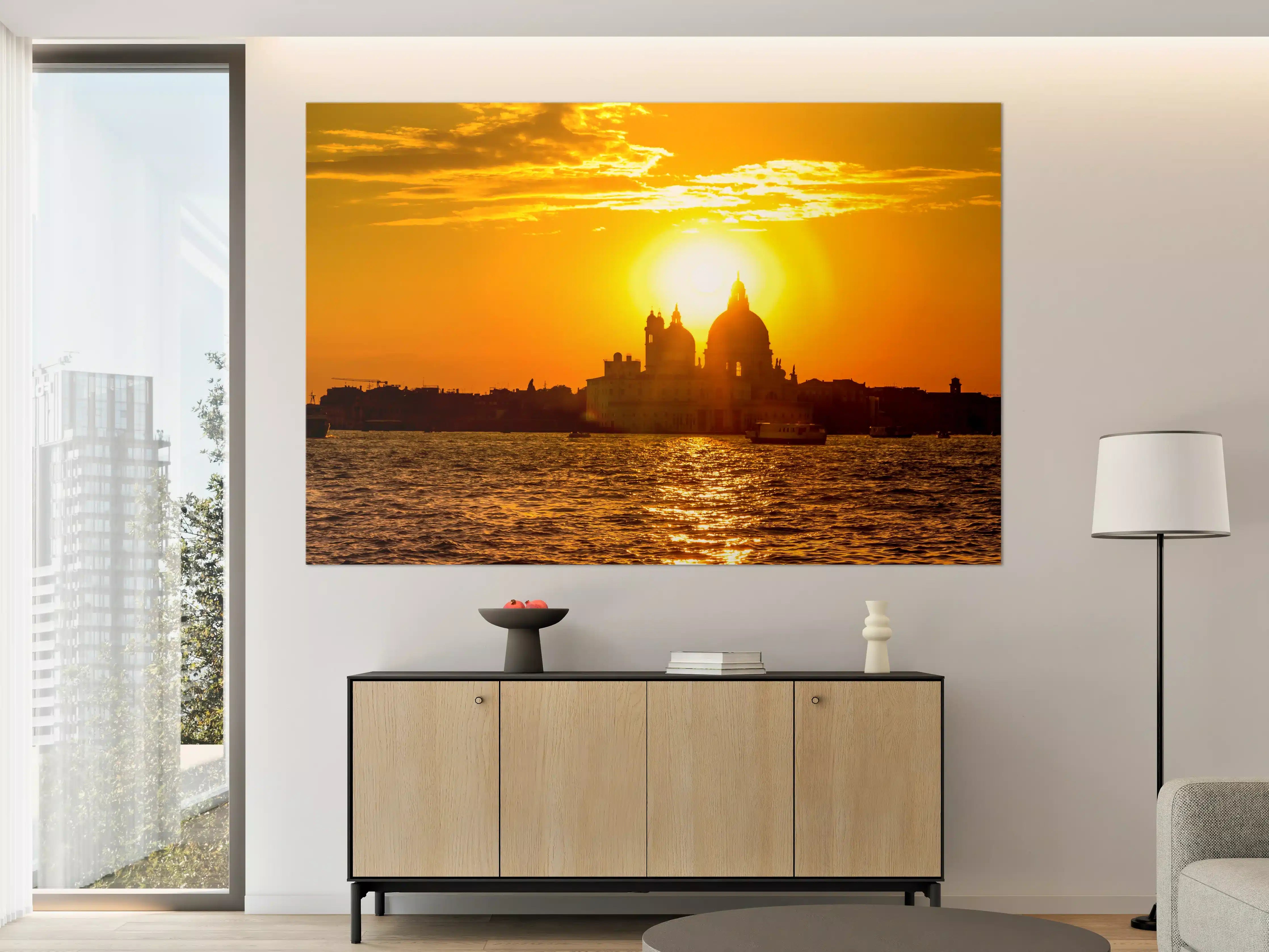 Große Wandbilder - Sonnenuntergang über der Stadt mit Wasserblick