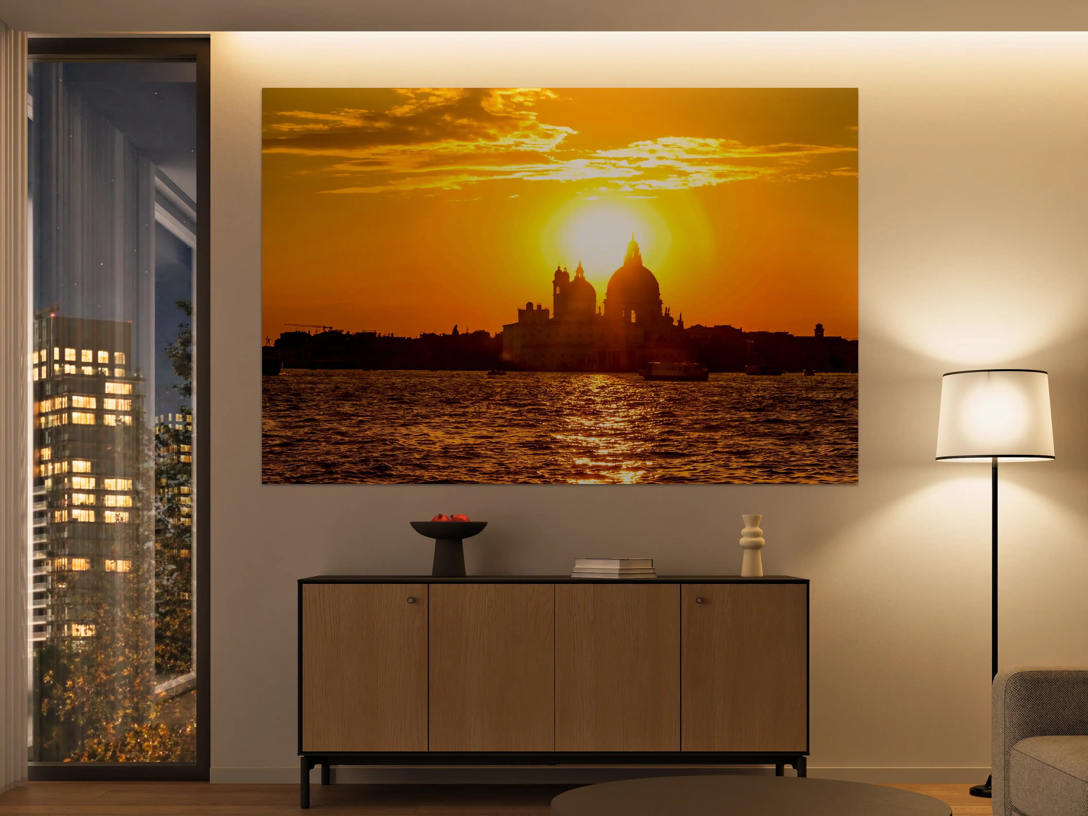 Große Wandbilder - Sonnenuntergang über der Stadt mit Wasserblick