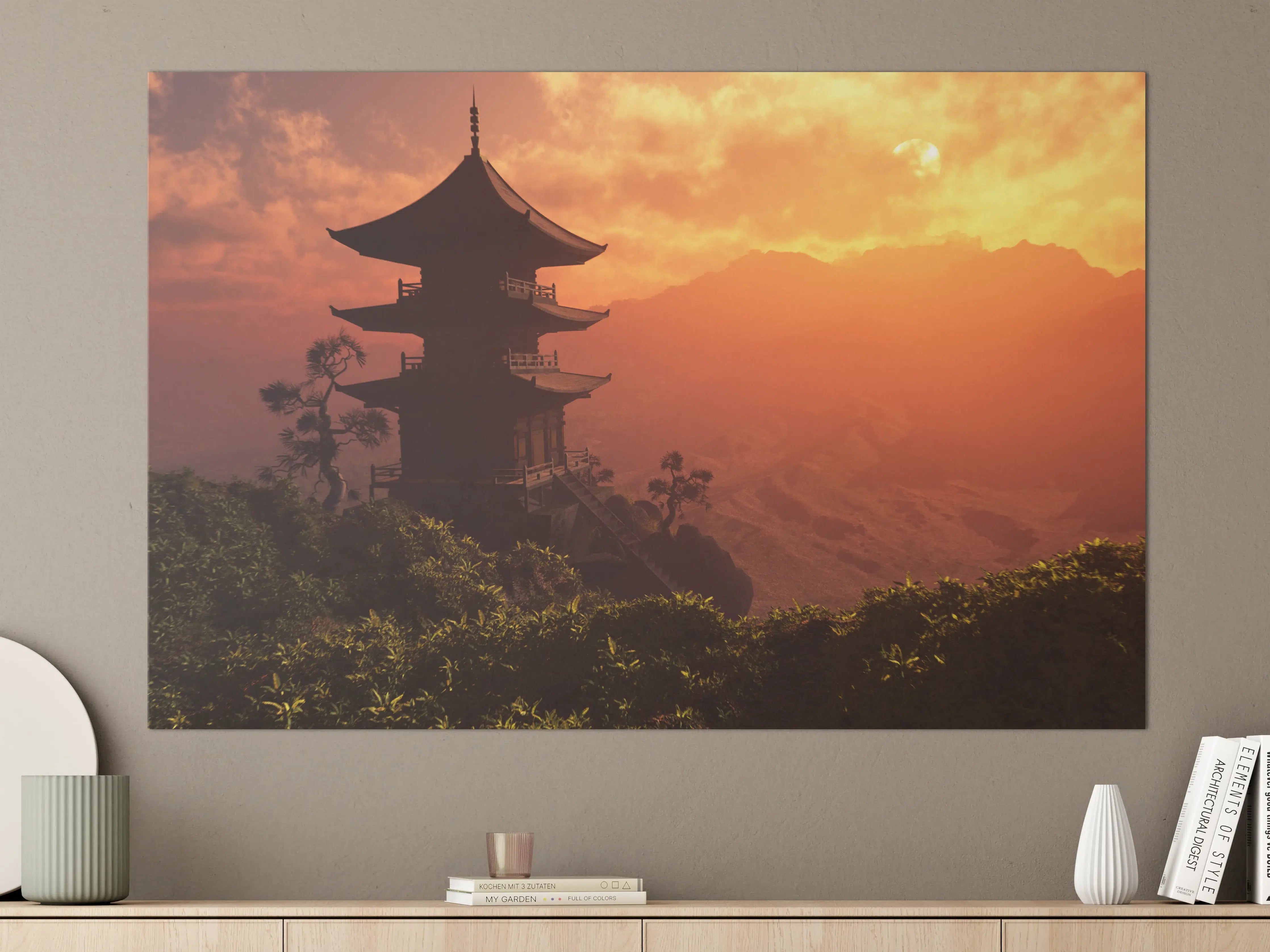 Große Wandbilder - Sonnenuntergang über einer buddhistischen Pagode