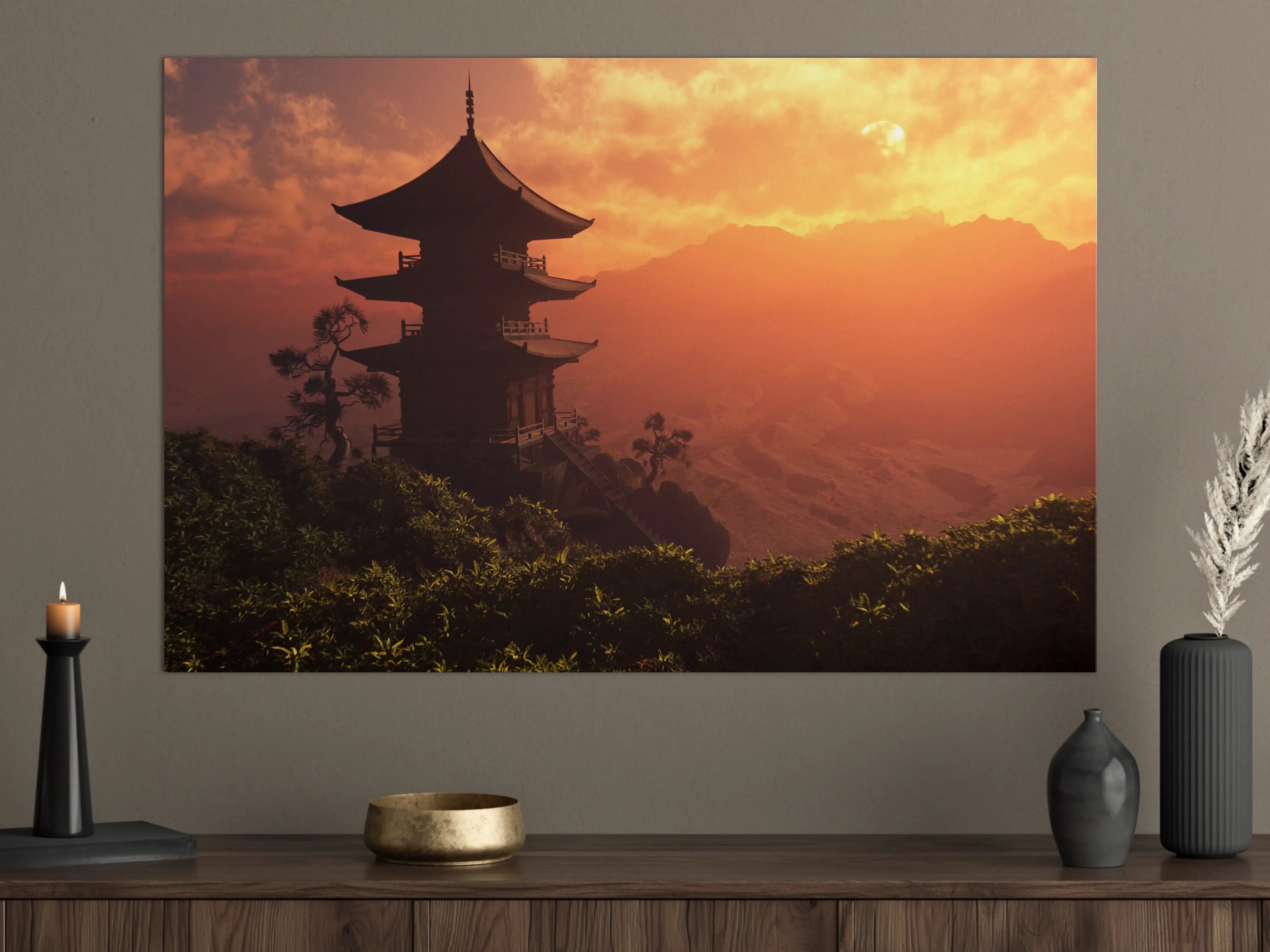 Große Wandbilder - Sonnenuntergang über einer buddhistischen Pagode