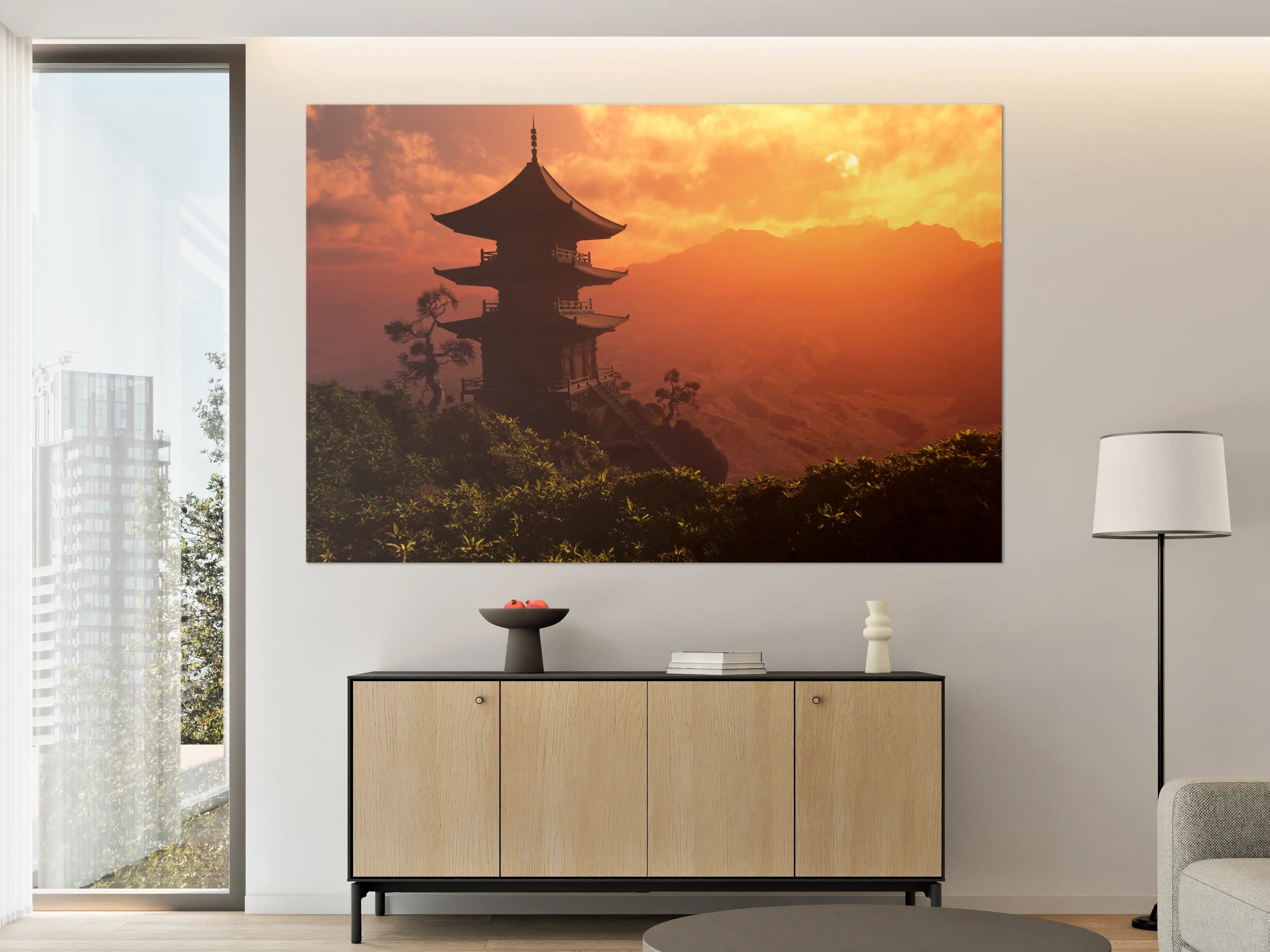 Große Wandbilder - Sonnenuntergang über einer buddhistischen Pagode