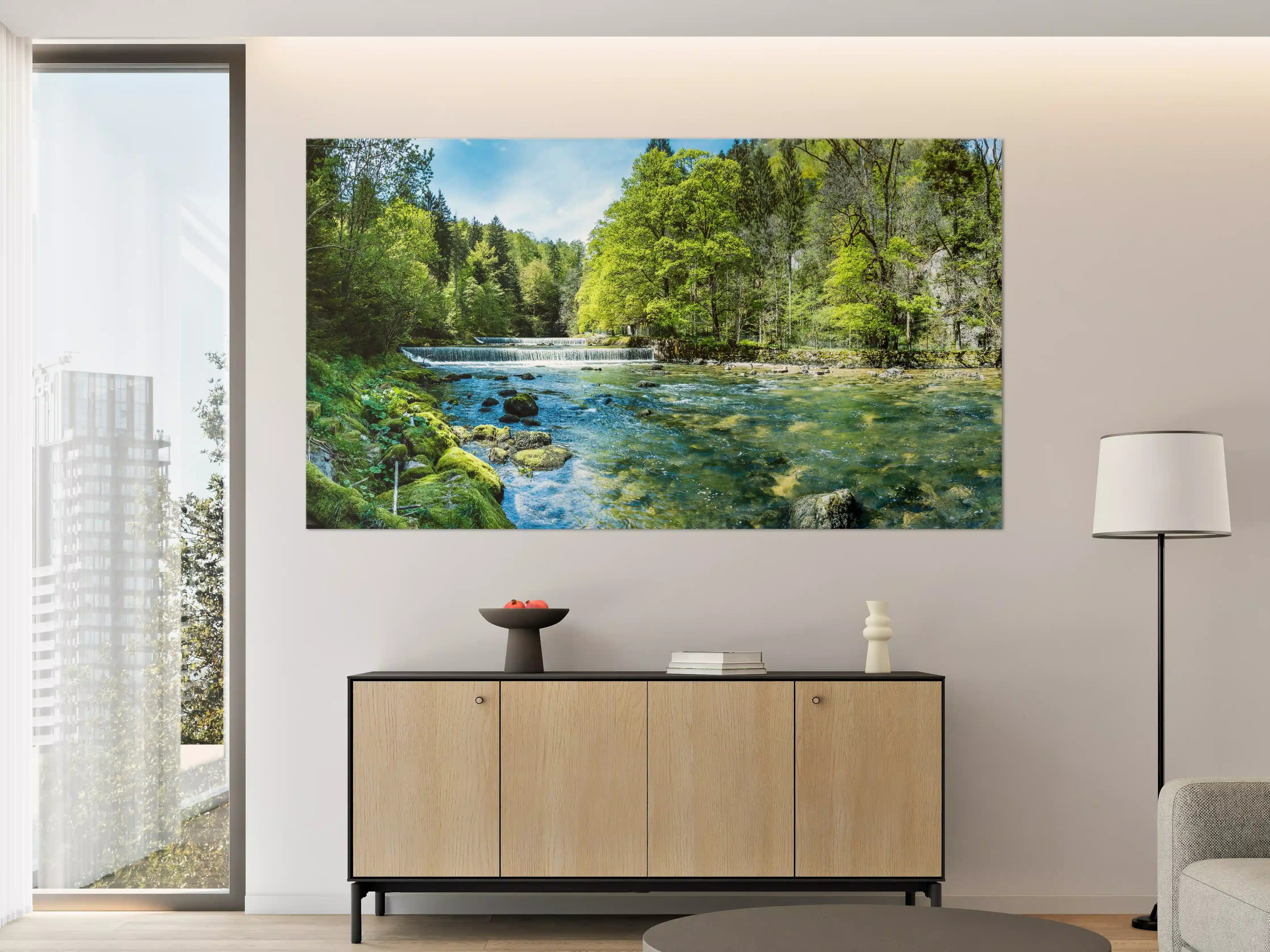 Große Wandbilder - Sonnige Flusslandschaft in der Schweiz