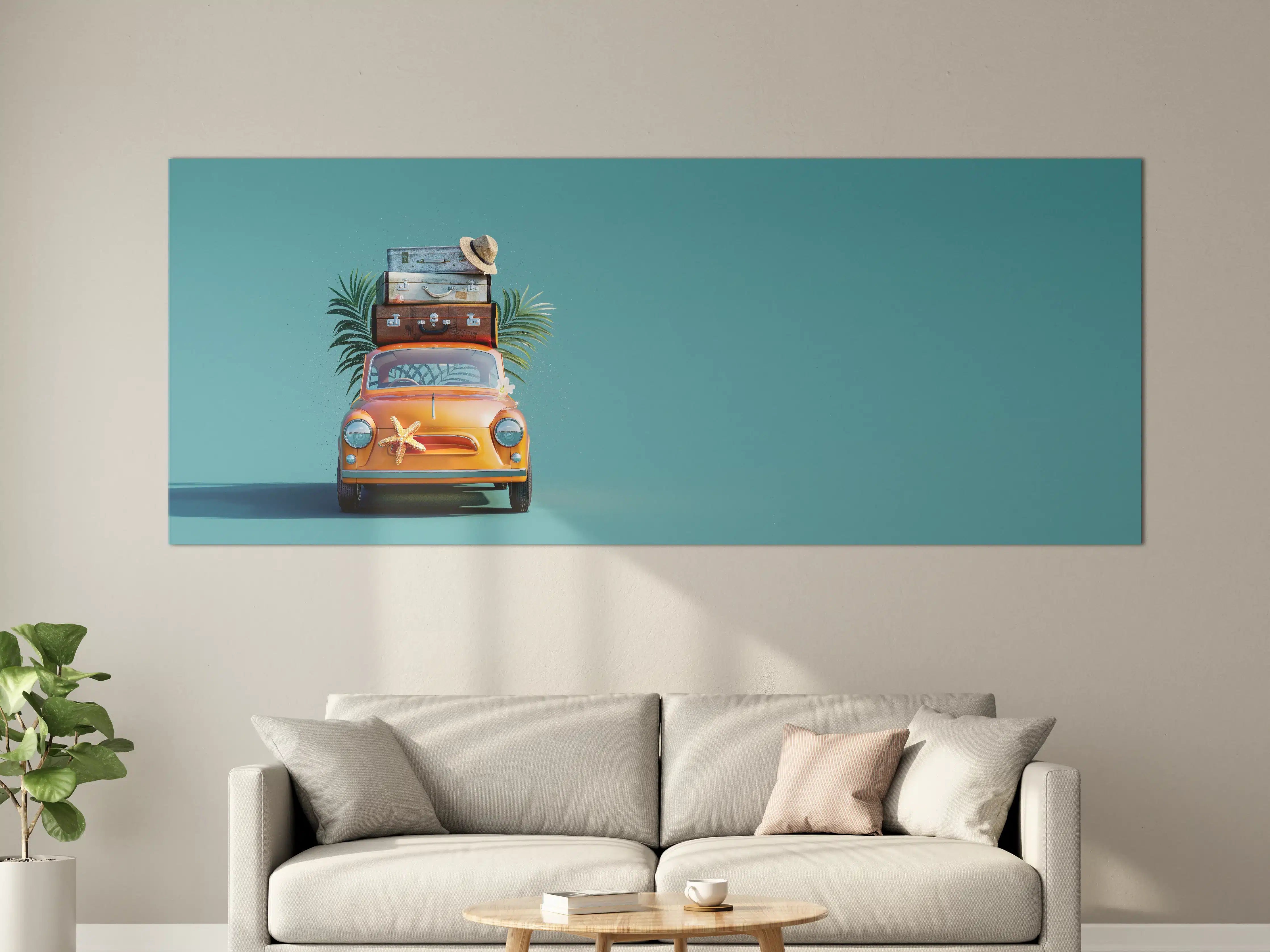 Große Wandbilder - Spielzeugauto mit Reisegepäck - blauer Hintergrund