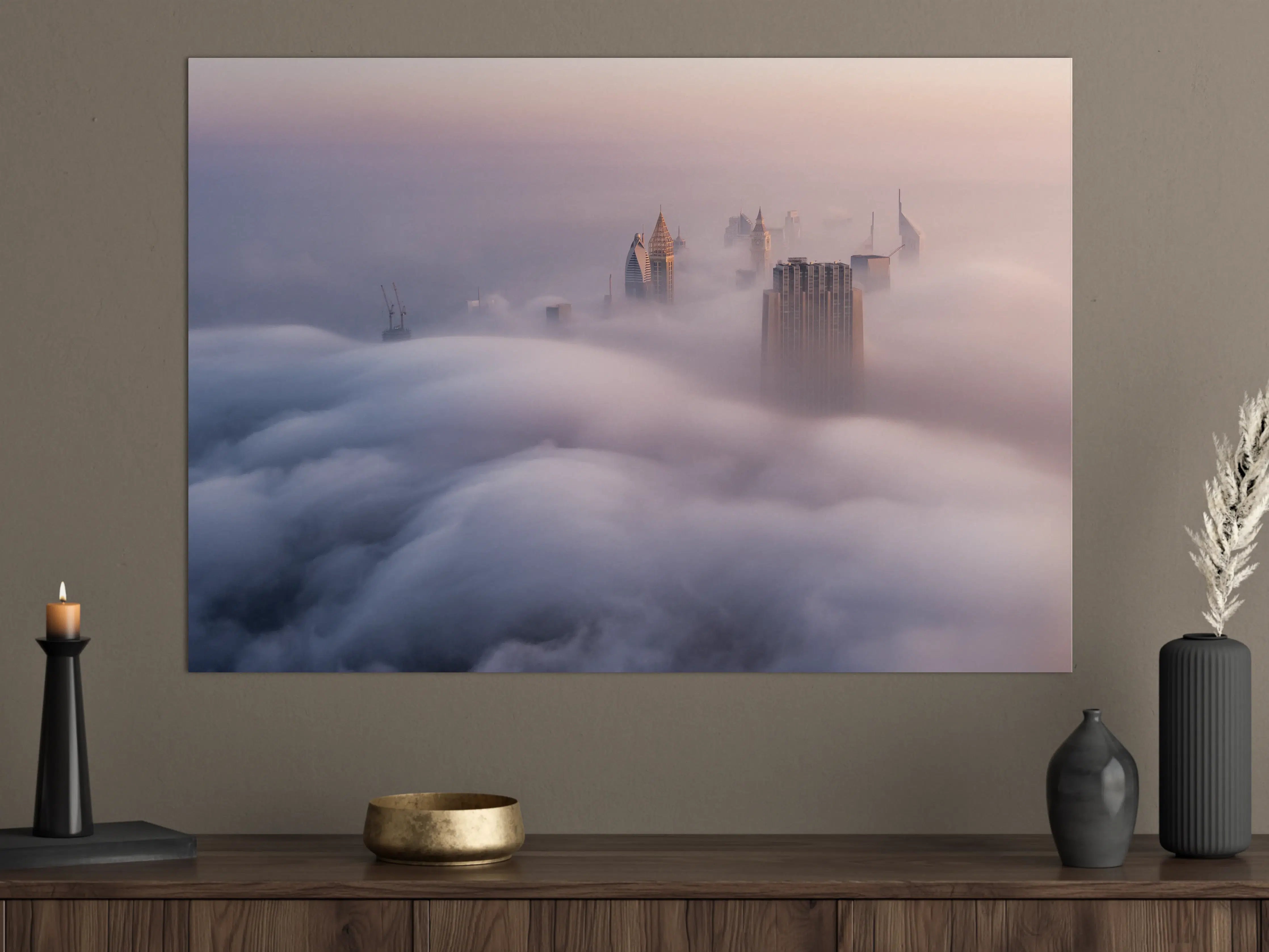 Große Wandbilder - Stadt im Nebel bei Sonnenaufgang