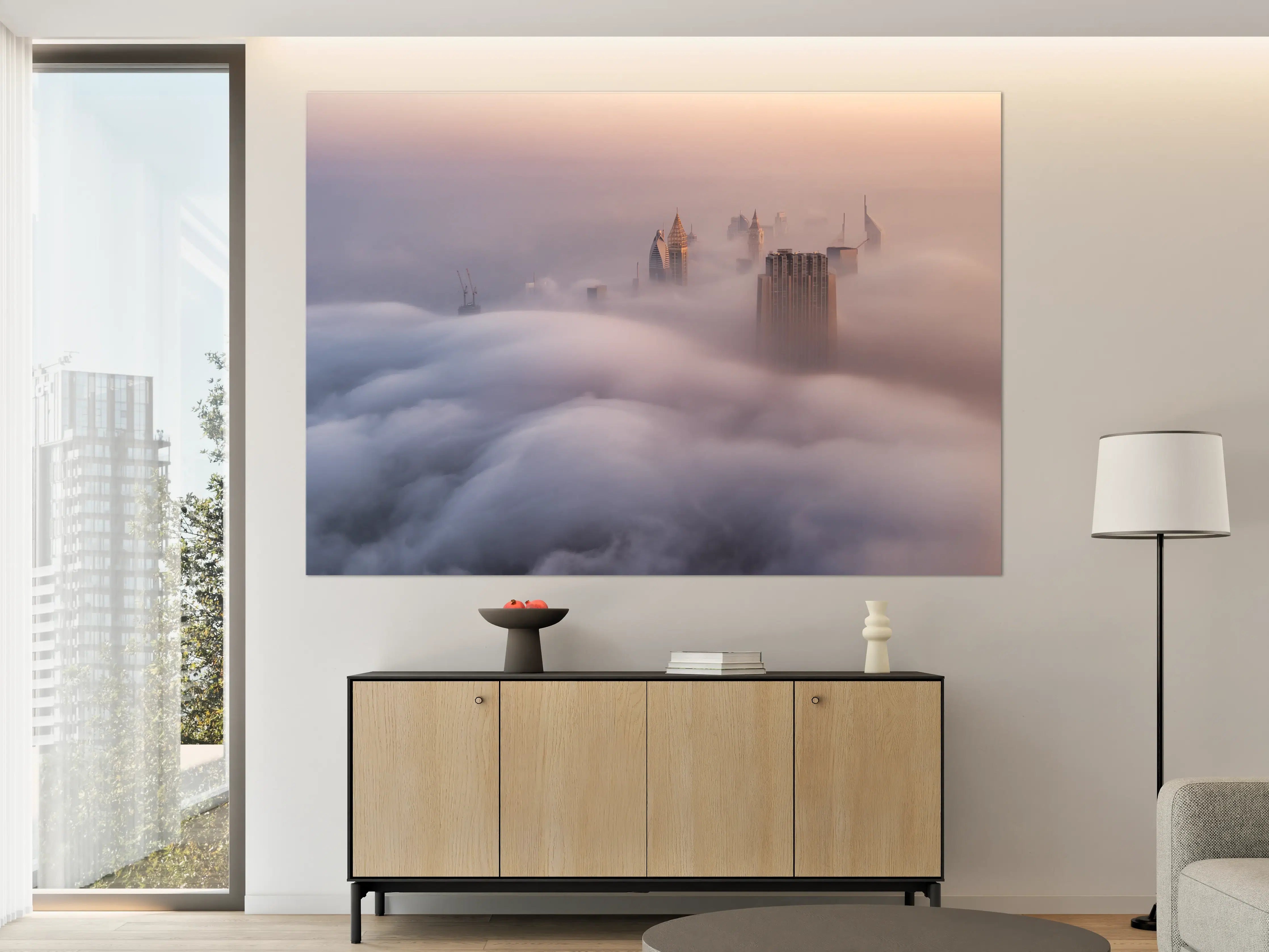 Große Wandbilder - Stadt im Nebel bei Sonnenaufgang