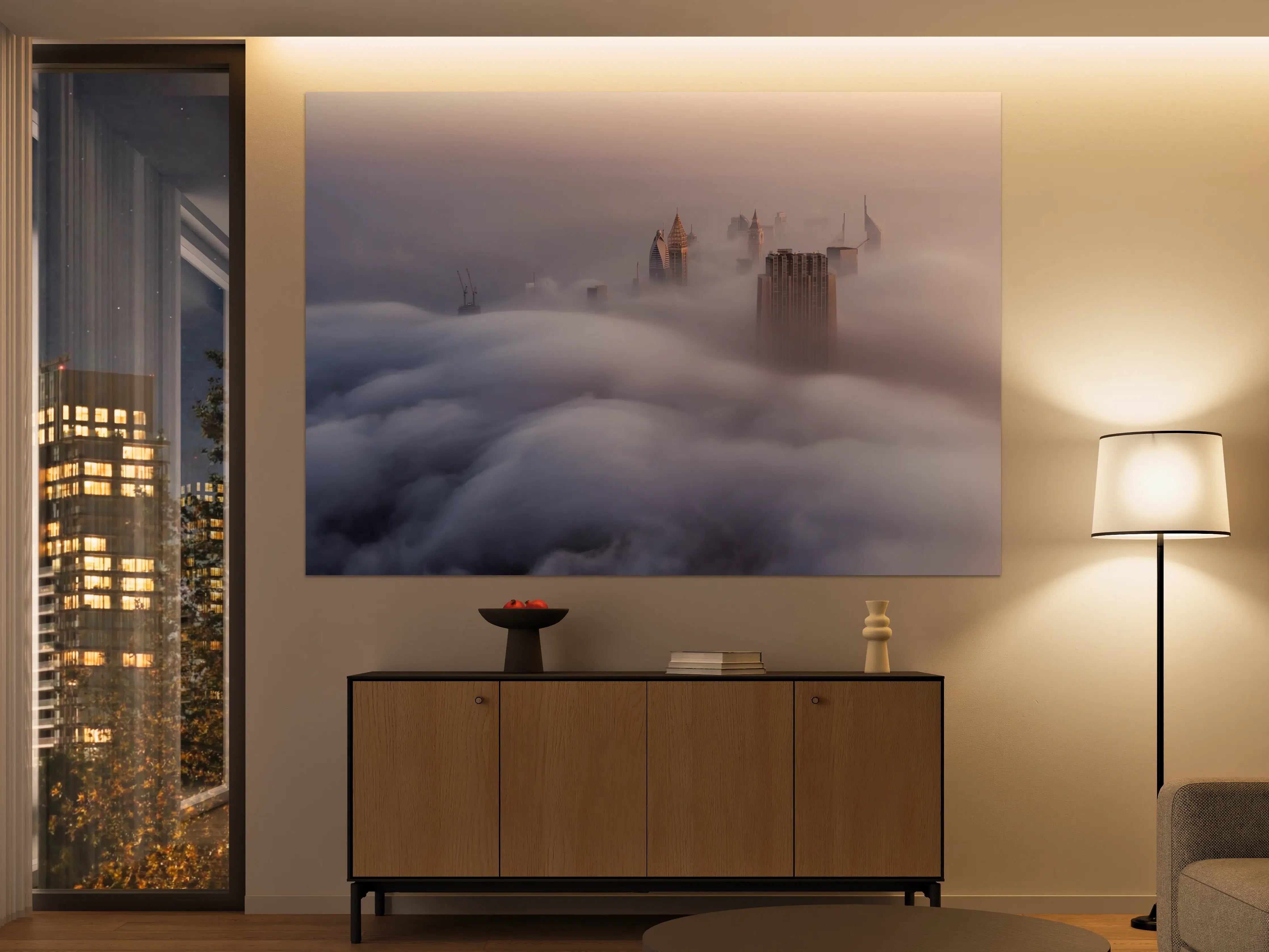 Große Wandbilder - Stadt im Nebel bei Sonnenaufgang