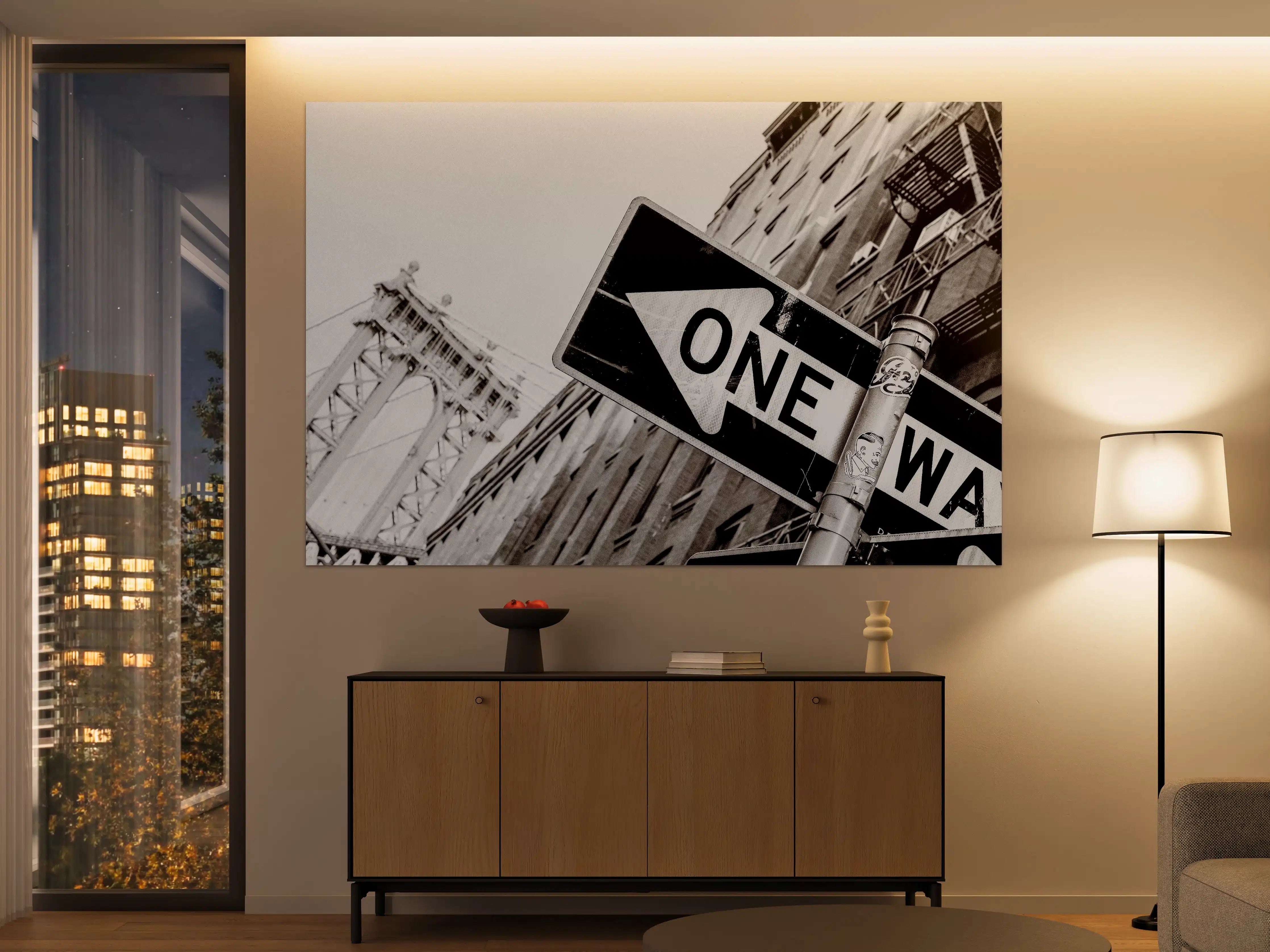 Große Wandbilder - Stadtansicht mit One-Way-Straßenschild