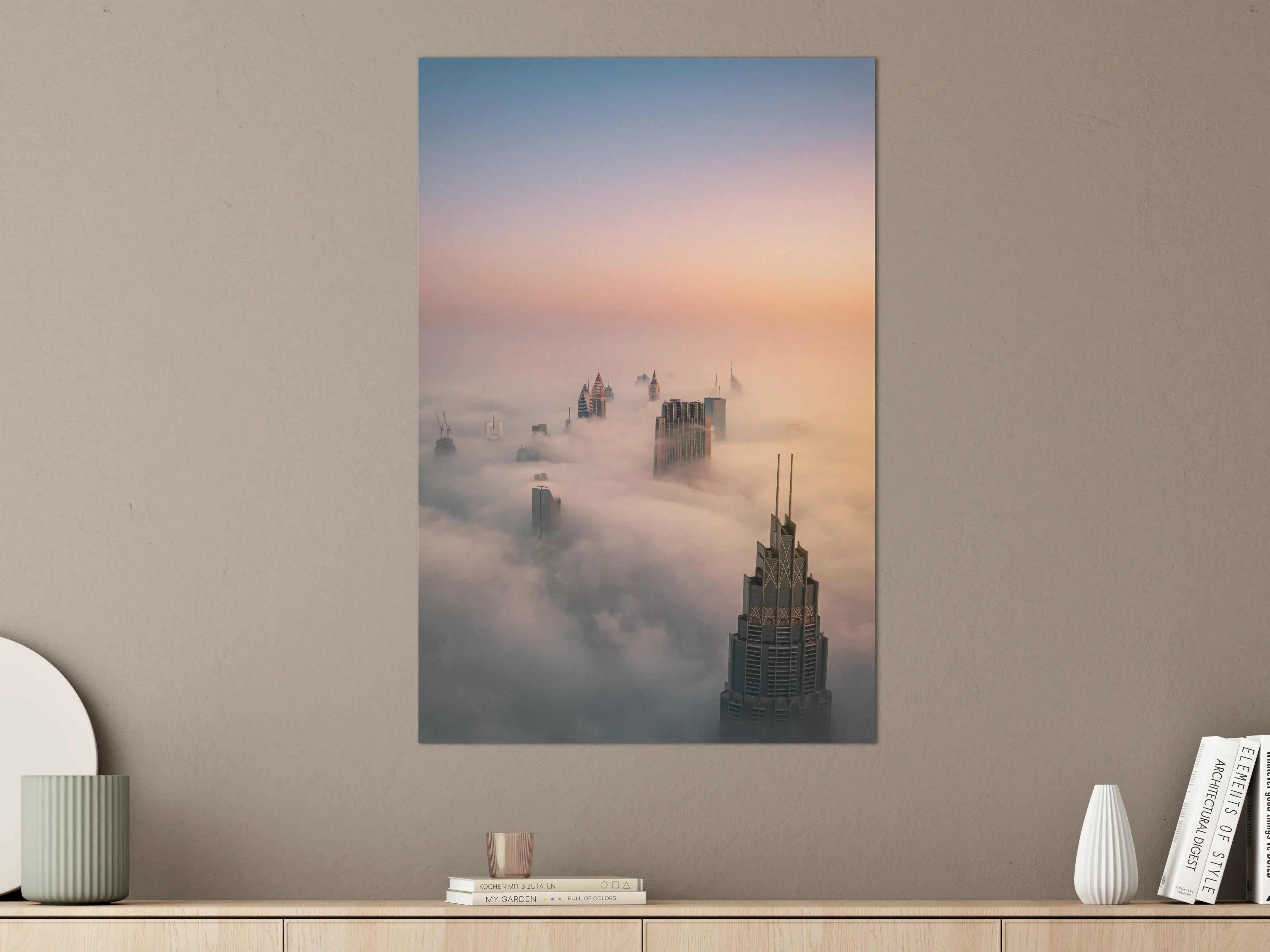 Große Wandbilder - Stadtsilhouette im Nebel bei Sonnenaufgang