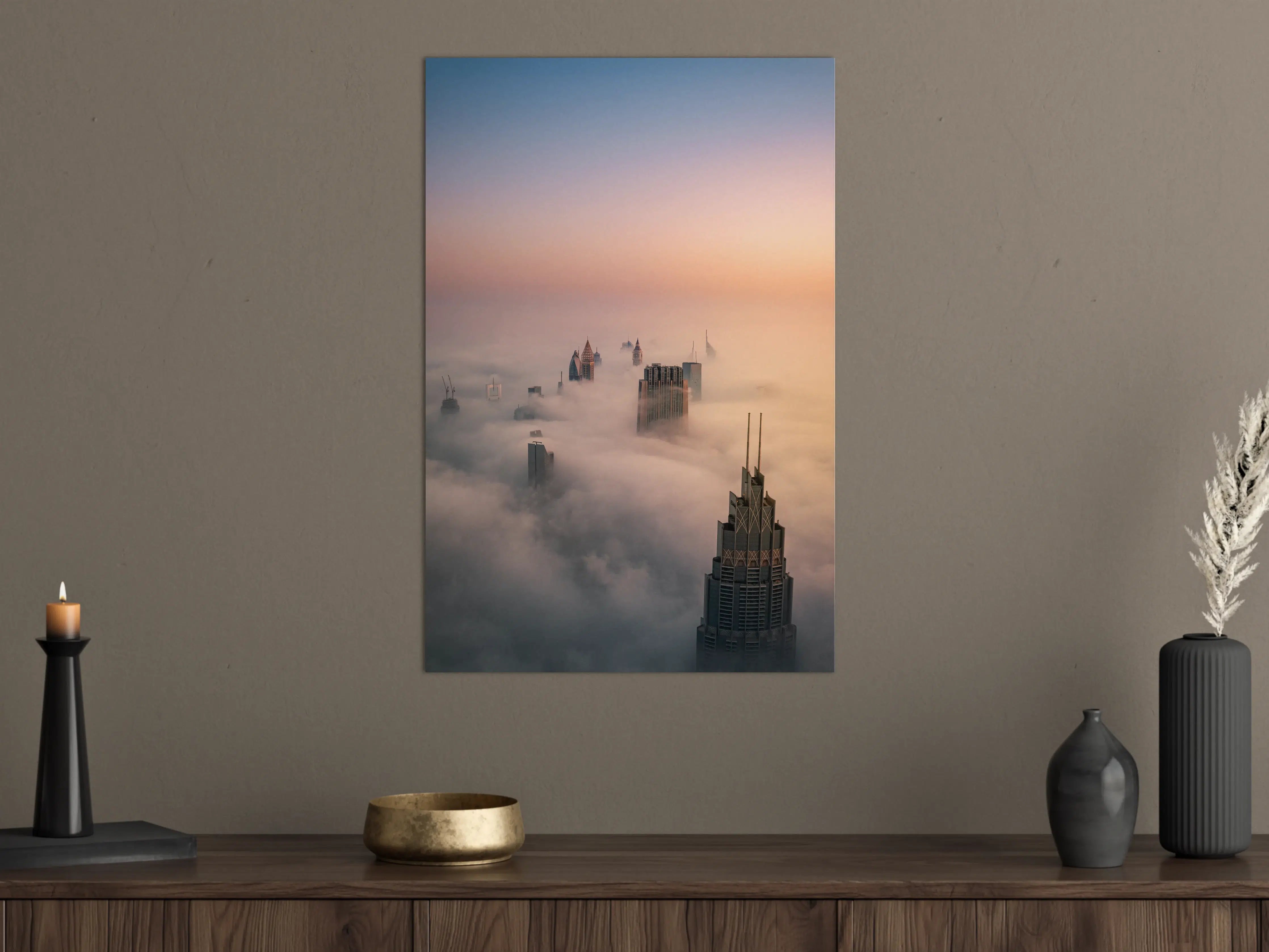 Große Wandbilder - Stadtsilhouette im Nebel bei Sonnenaufgang