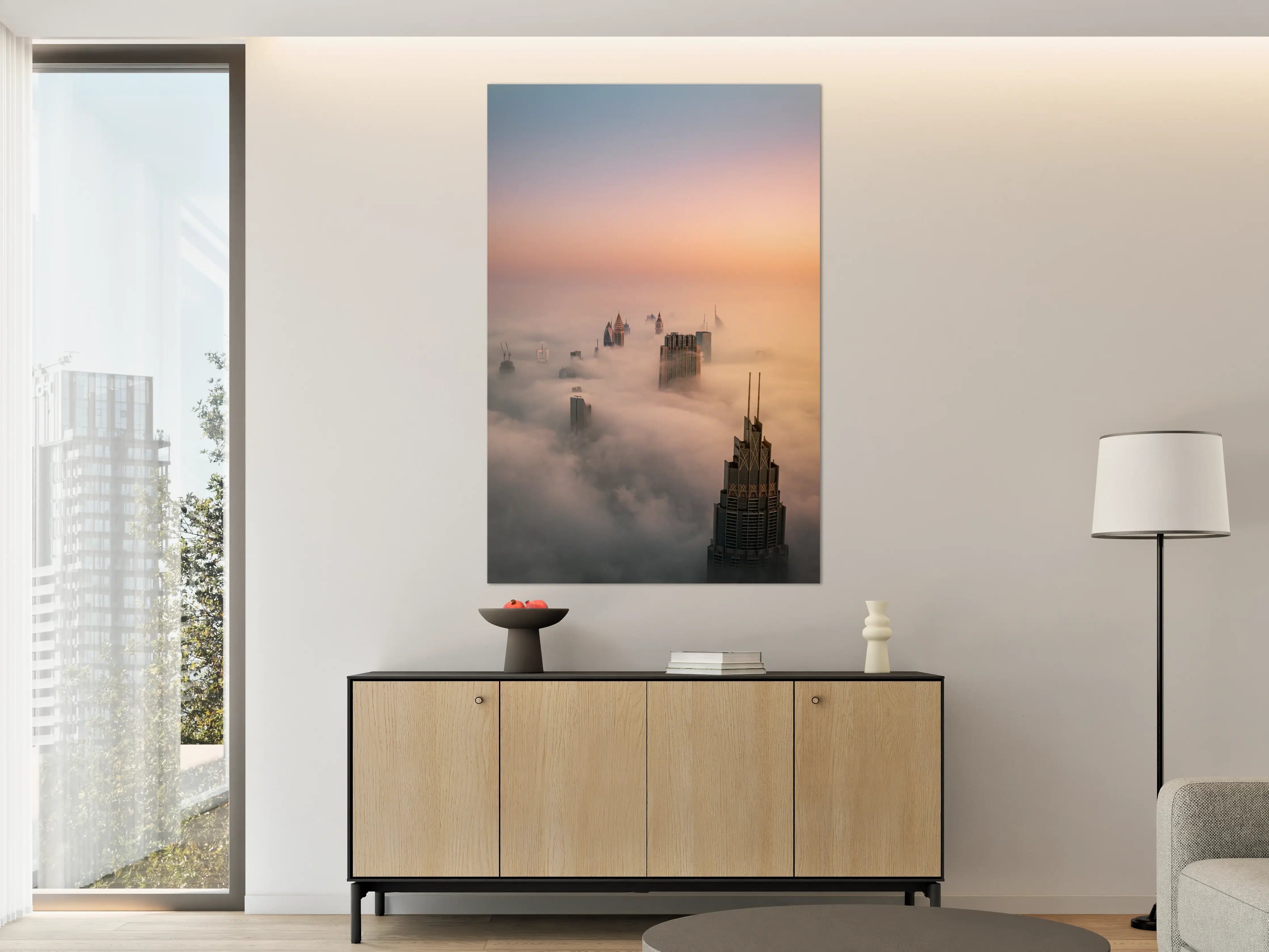 Große Wandbilder - Stadtsilhouette im Nebel bei Sonnenaufgang