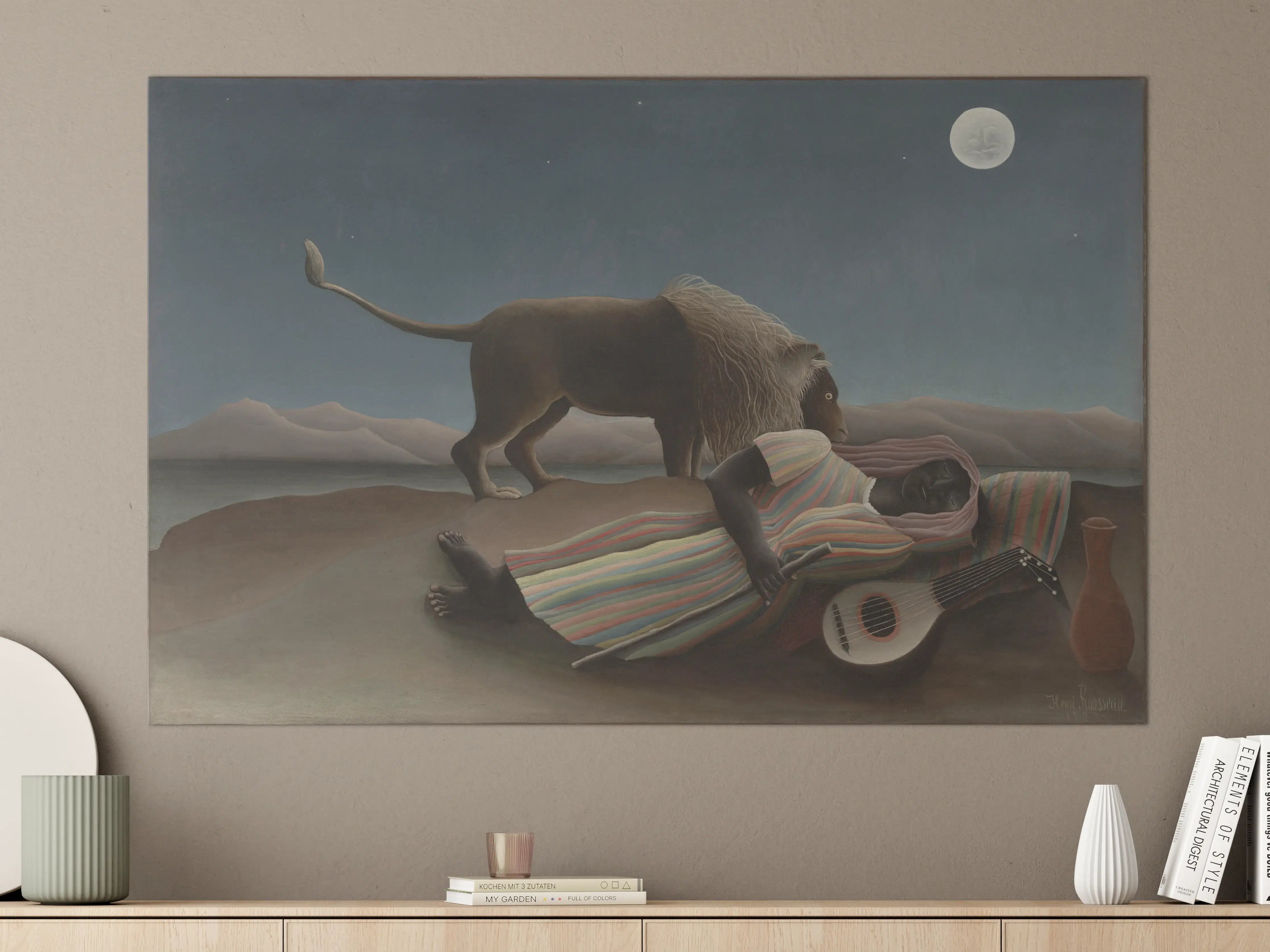 Große Wandbilder - Stiller nächtlicher Moment mit Gitarre, Mond und Löwe