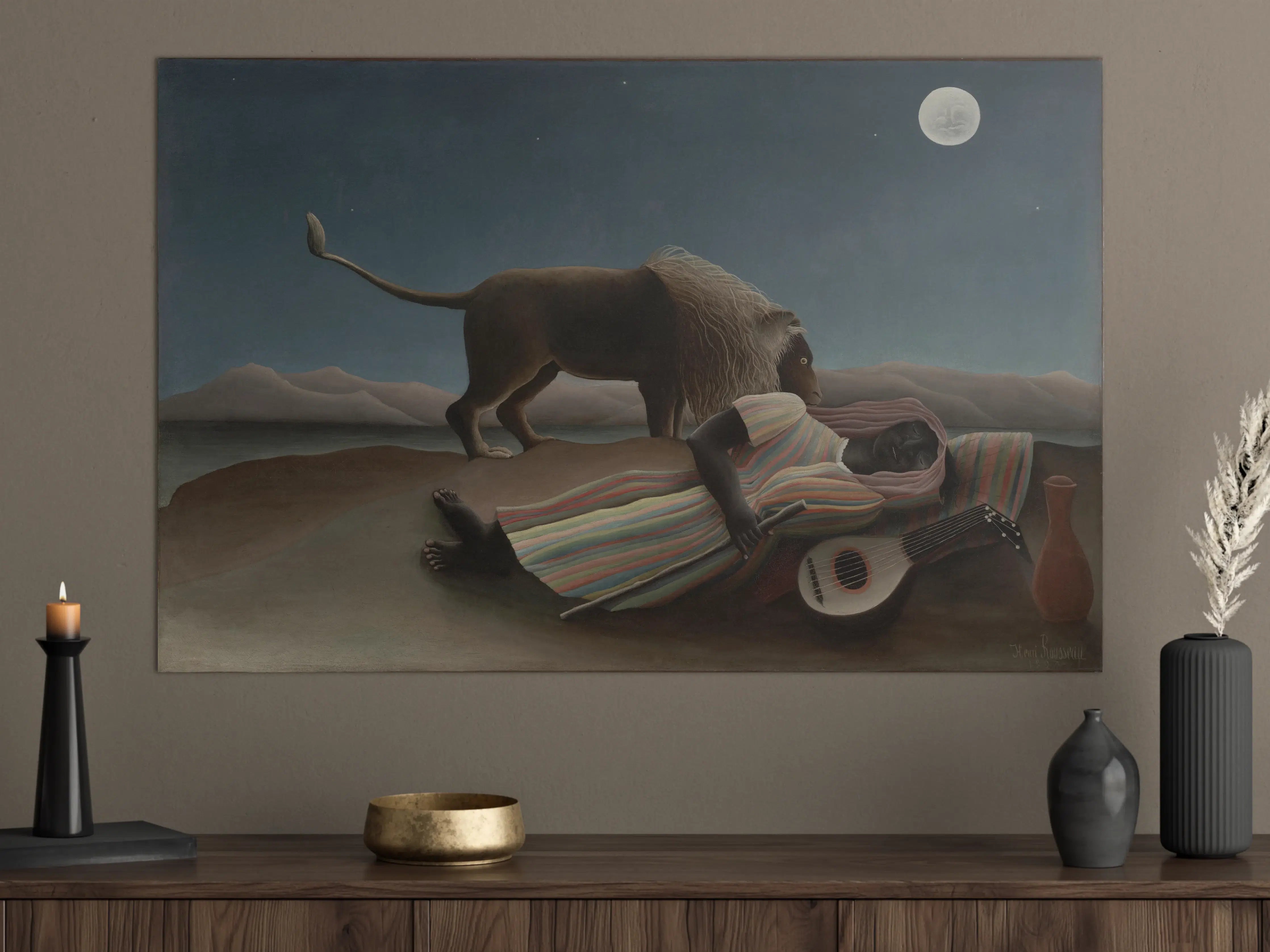 Große Wandbilder - Stiller nächtlicher Moment mit Gitarre, Mond und Löwe